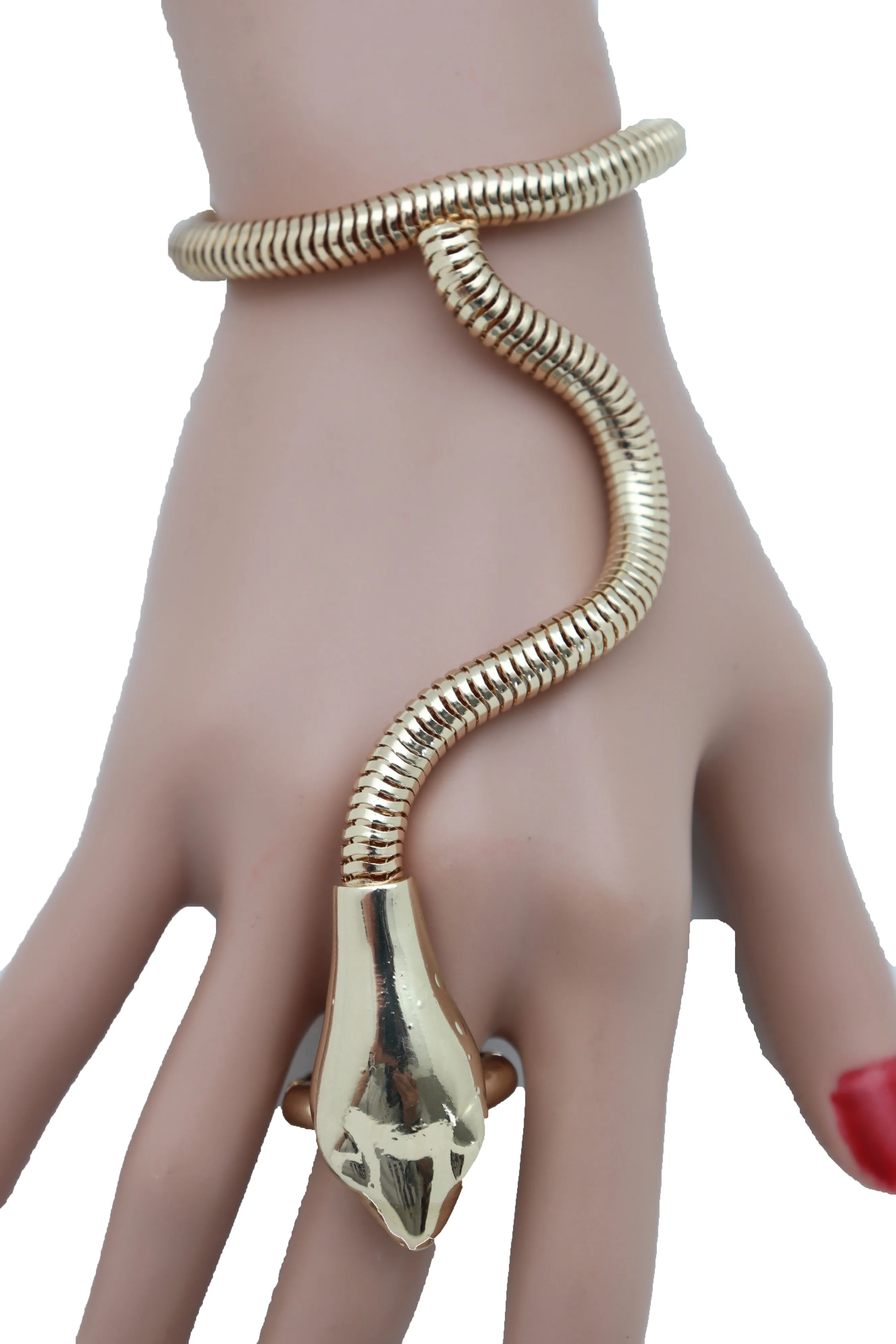 Women Sexy Look Fashion Bracelet Gold Metal Hand Chain Snake Cobra Slave Elastic Band Ring