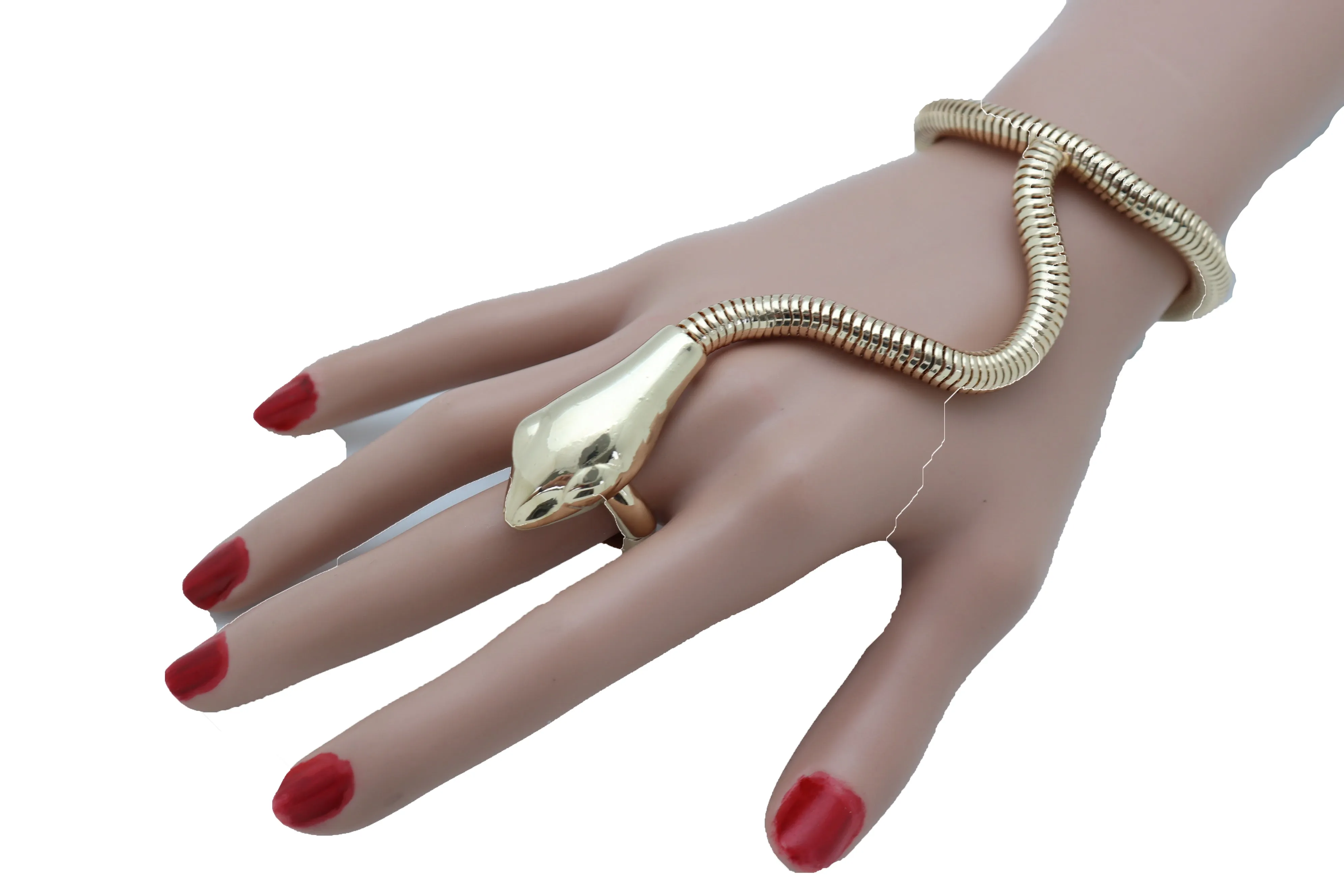 Women Sexy Look Fashion Bracelet Gold Metal Hand Chain Snake Cobra Slave Elastic Band Ring