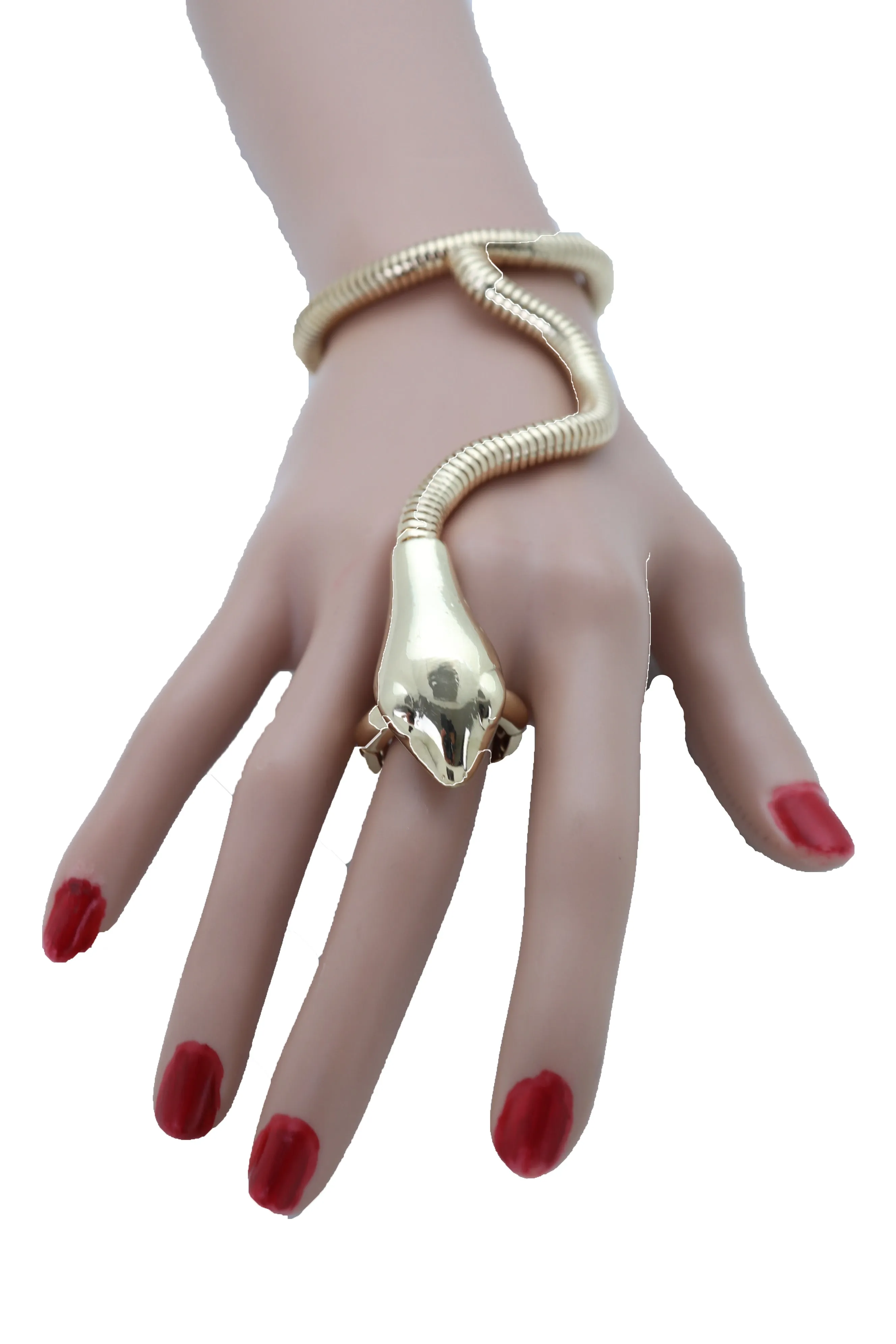 Women Sexy Look Fashion Bracelet Gold Metal Hand Chain Snake Cobra Slave Elastic Band Ring