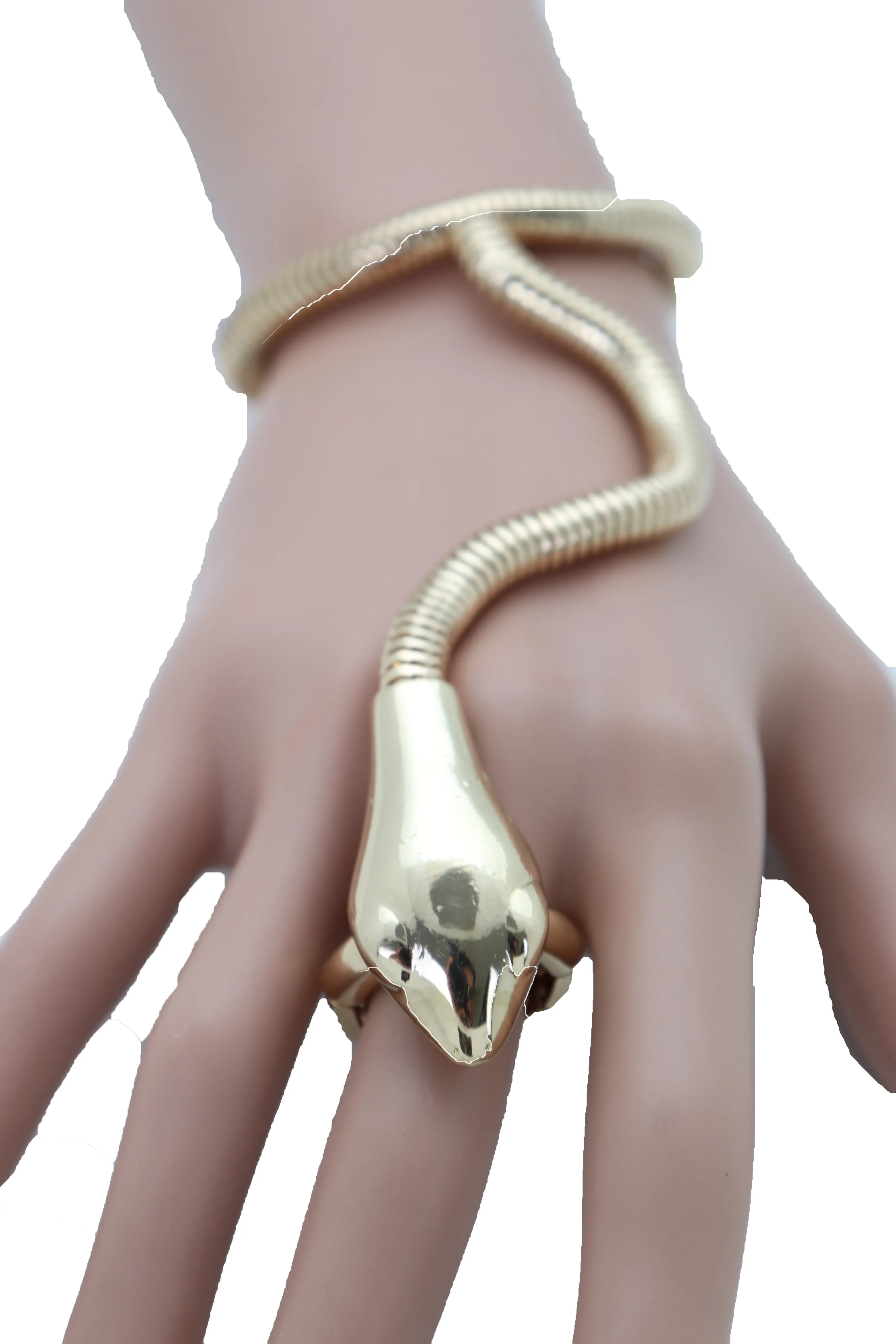 Women Sexy Look Fashion Bracelet Gold Metal Hand Chain Snake Cobra Slave Elastic Band Ring