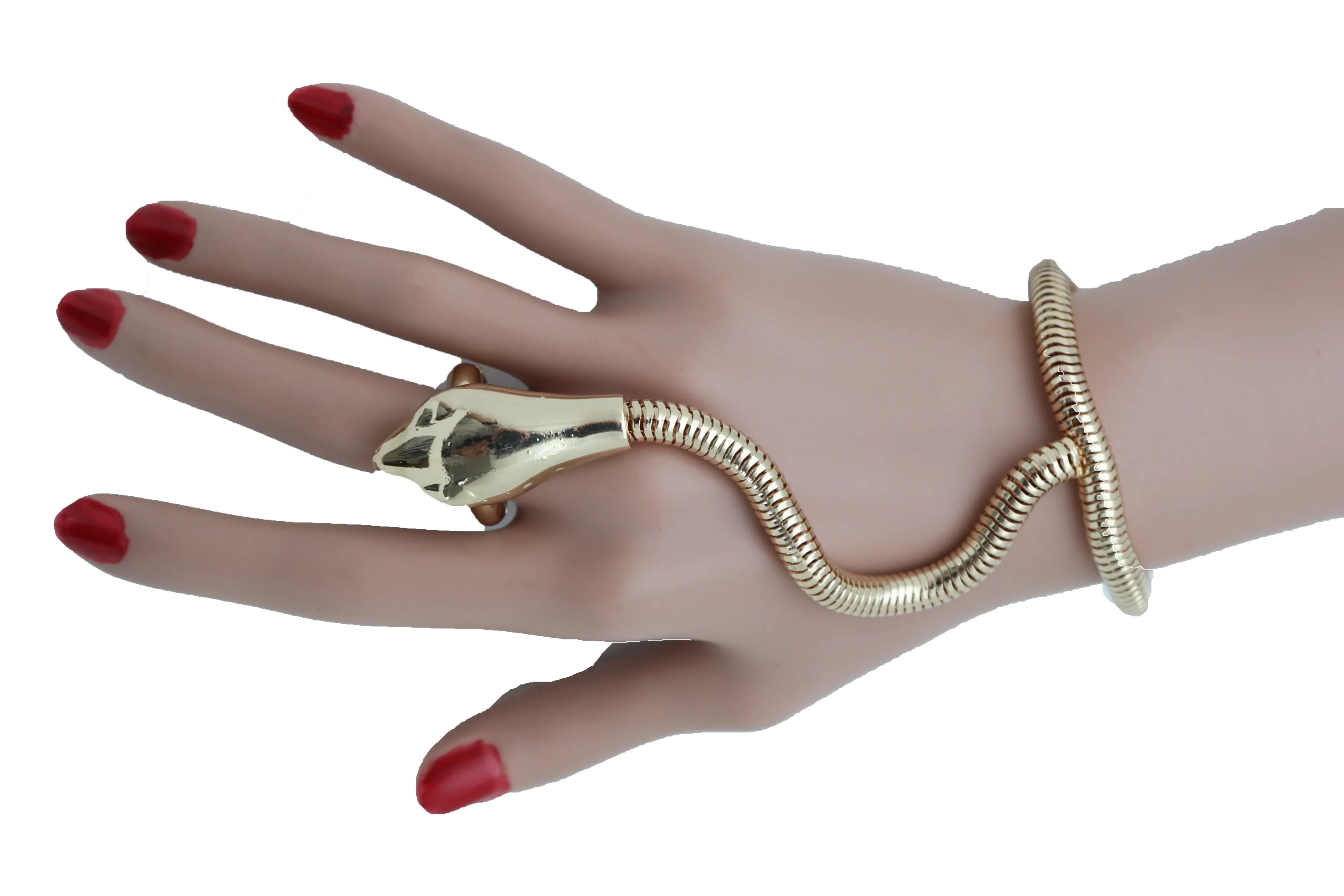 Women Sexy Look Fashion Bracelet Gold Metal Hand Chain Snake Cobra Slave Elastic Band Ring