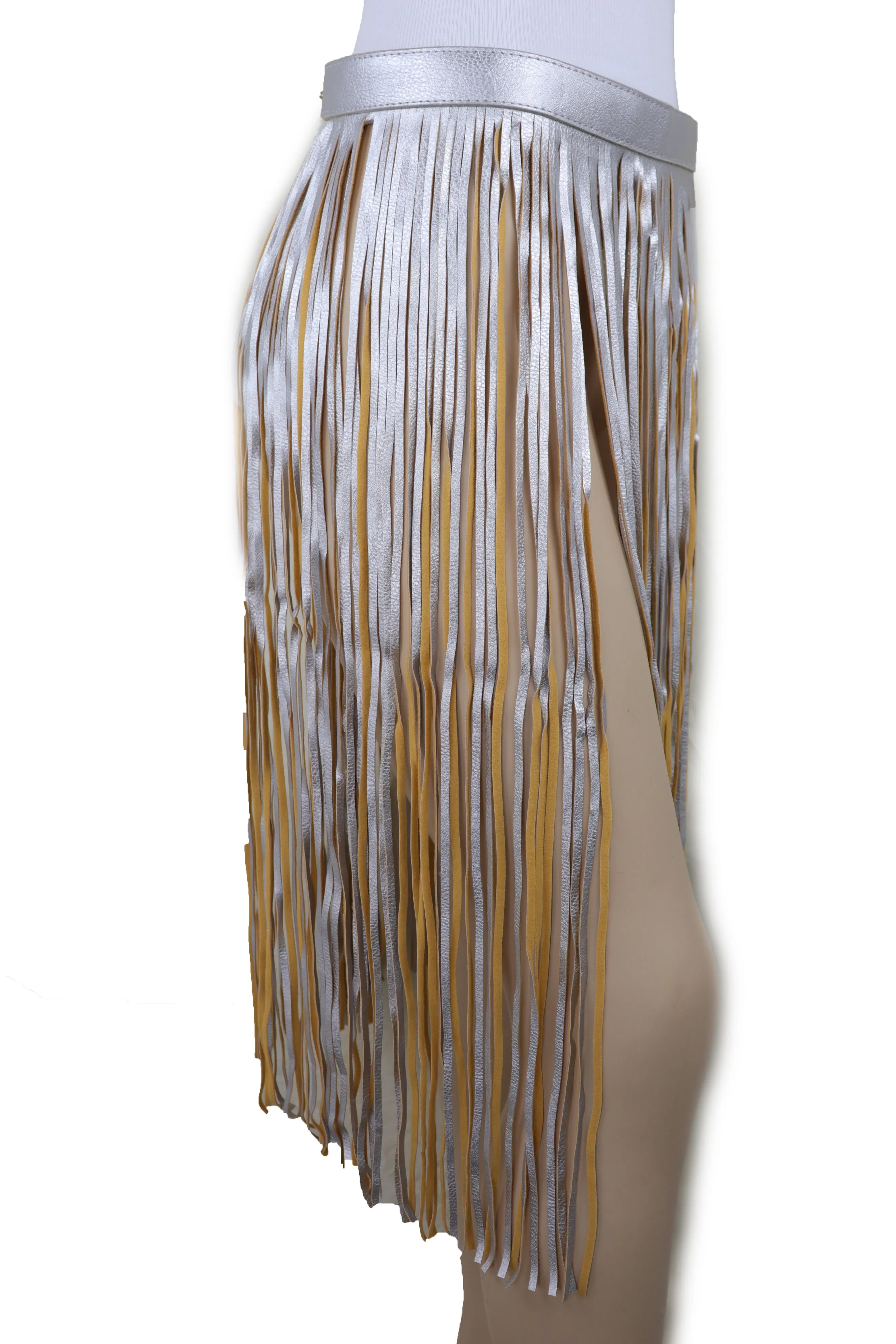 Women Silver Beige Long Skirt Faux Leather Wrap Around Fashion Belt Fit Size S M