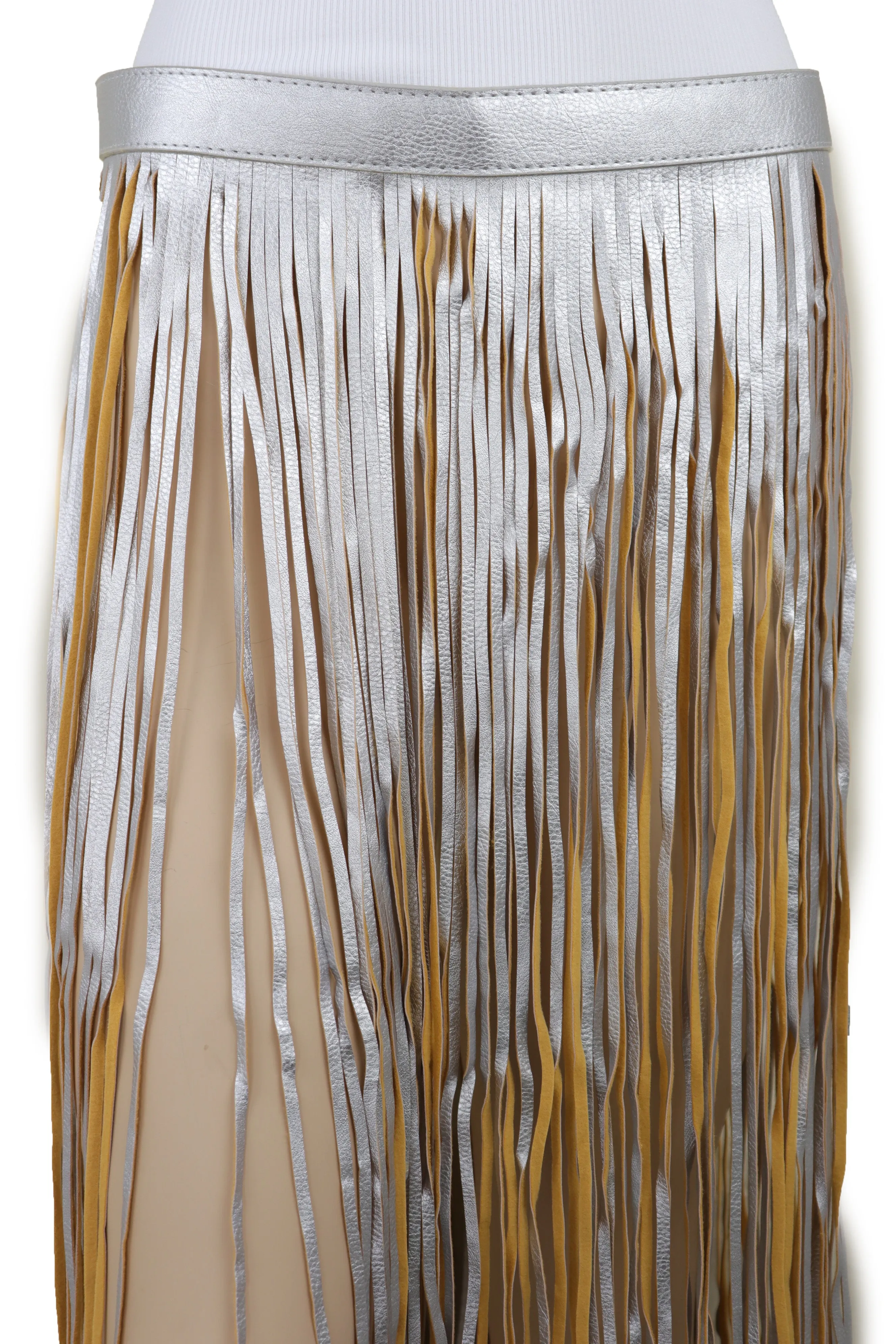 Women Silver Beige Long Skirt Faux Leather Wrap Around Fashion Belt Fit Size S M