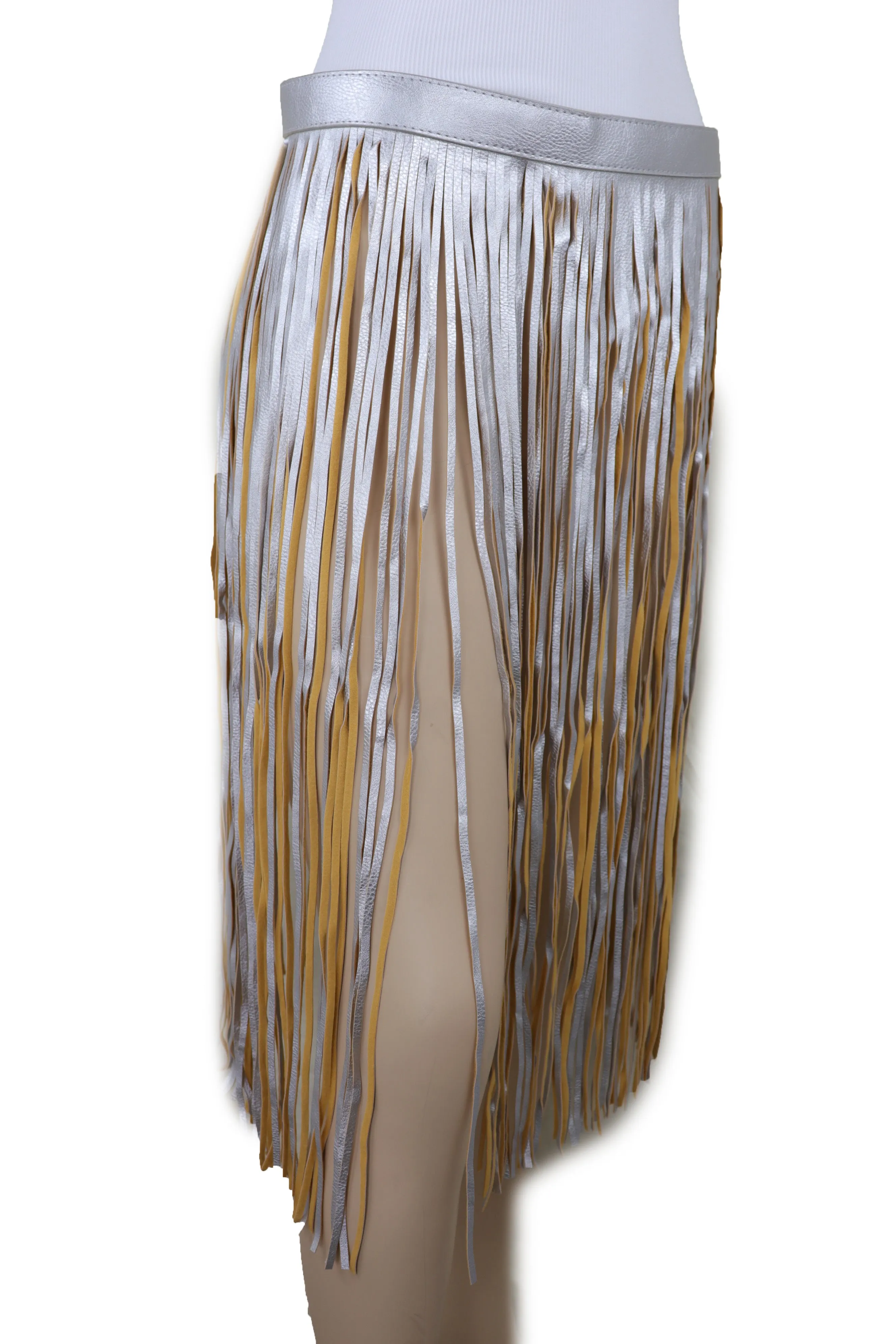 Women Silver Beige Long Skirt Faux Leather Wrap Around Fashion Belt Fit Size S M
