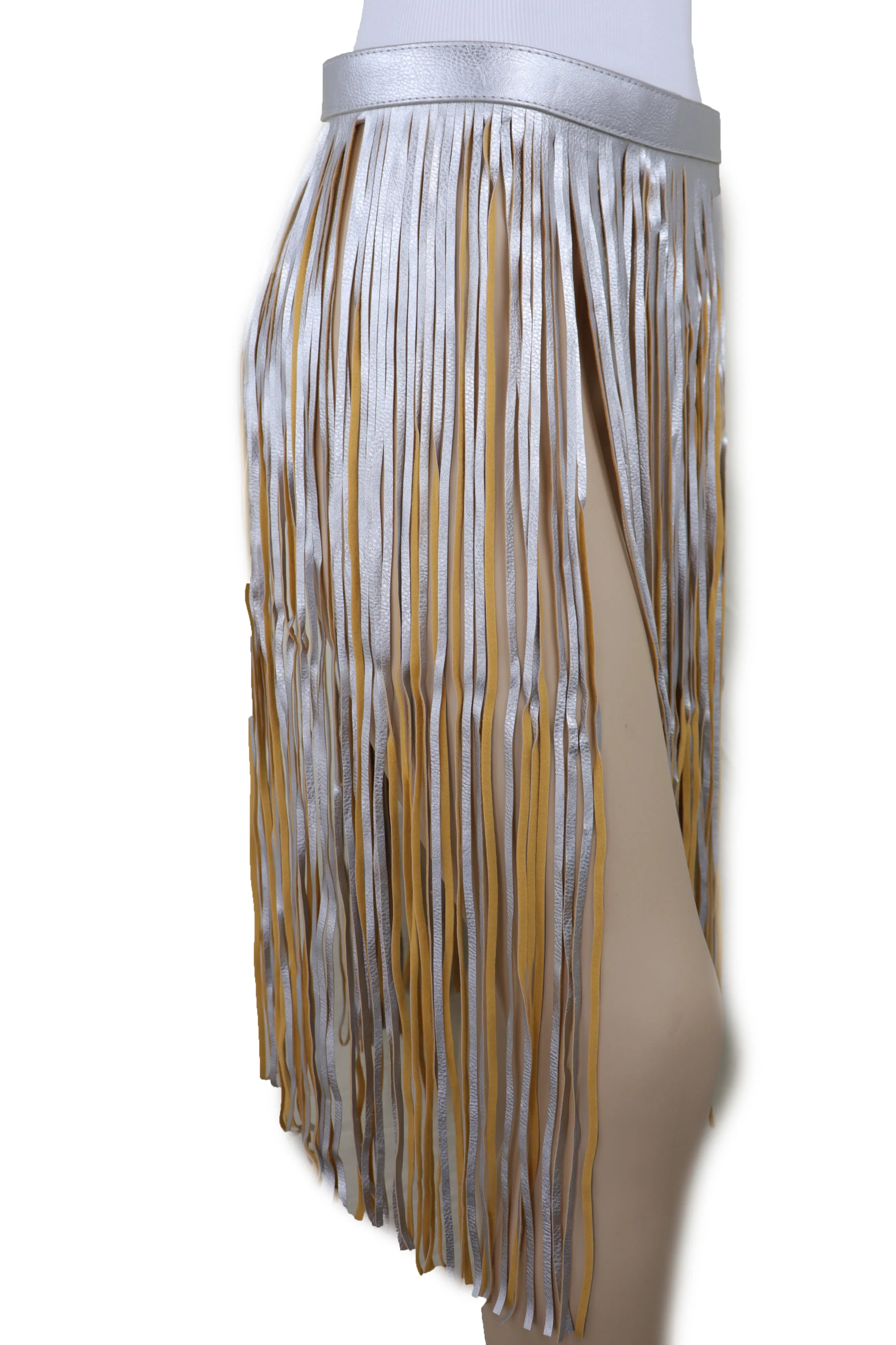 Women Silver Beige Long Skirt Faux Leather Wrap Around Fashion Belt Fit Size S M