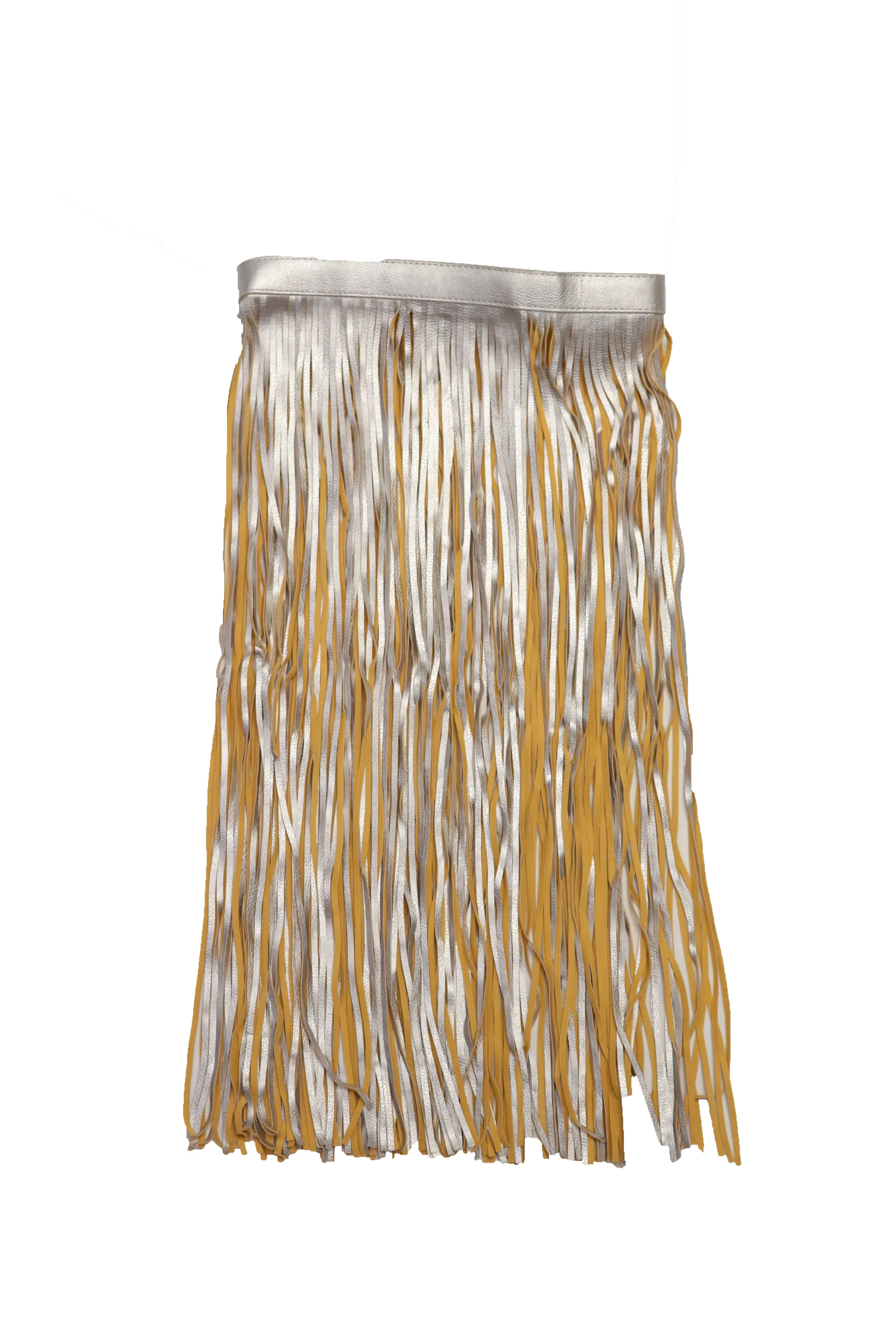 Women Silver Beige Long Skirt Faux Leather Wrap Around Fashion Belt Fit Size S M