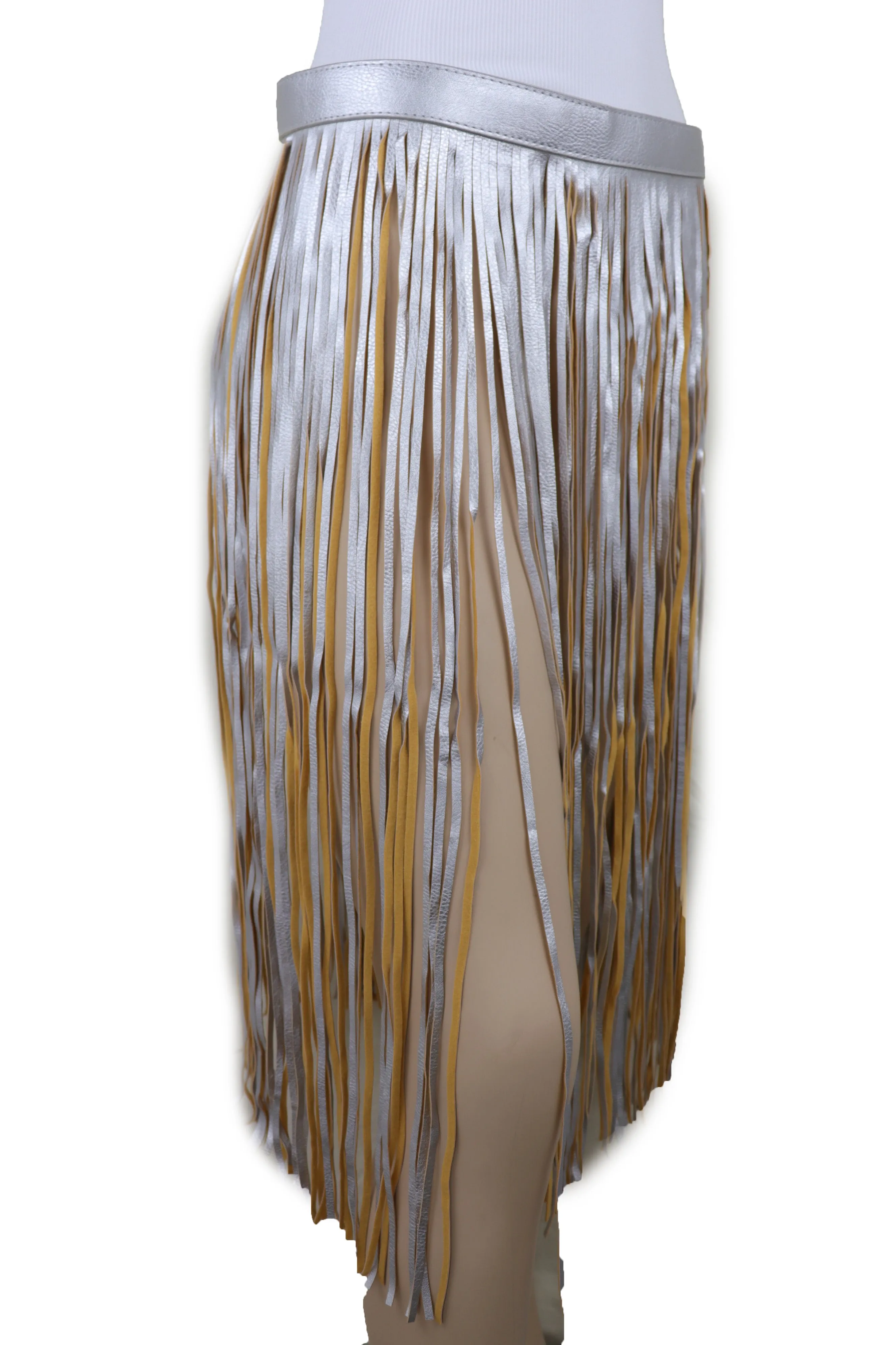 Women Silver Beige Long Skirt Faux Leather Wrap Around Fashion Belt Fit Size S M