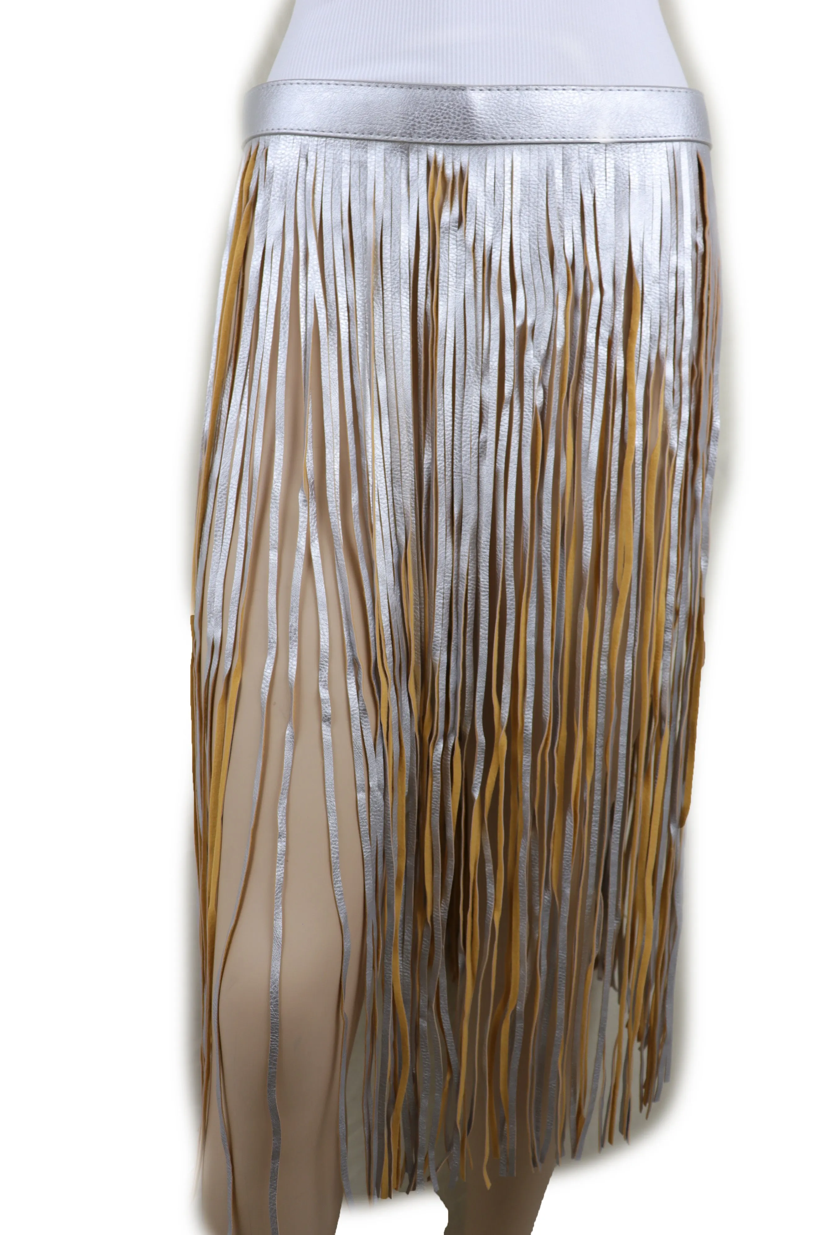 Women Silver Beige Long Skirt Faux Leather Wrap Around Fashion Belt Fit Size S M