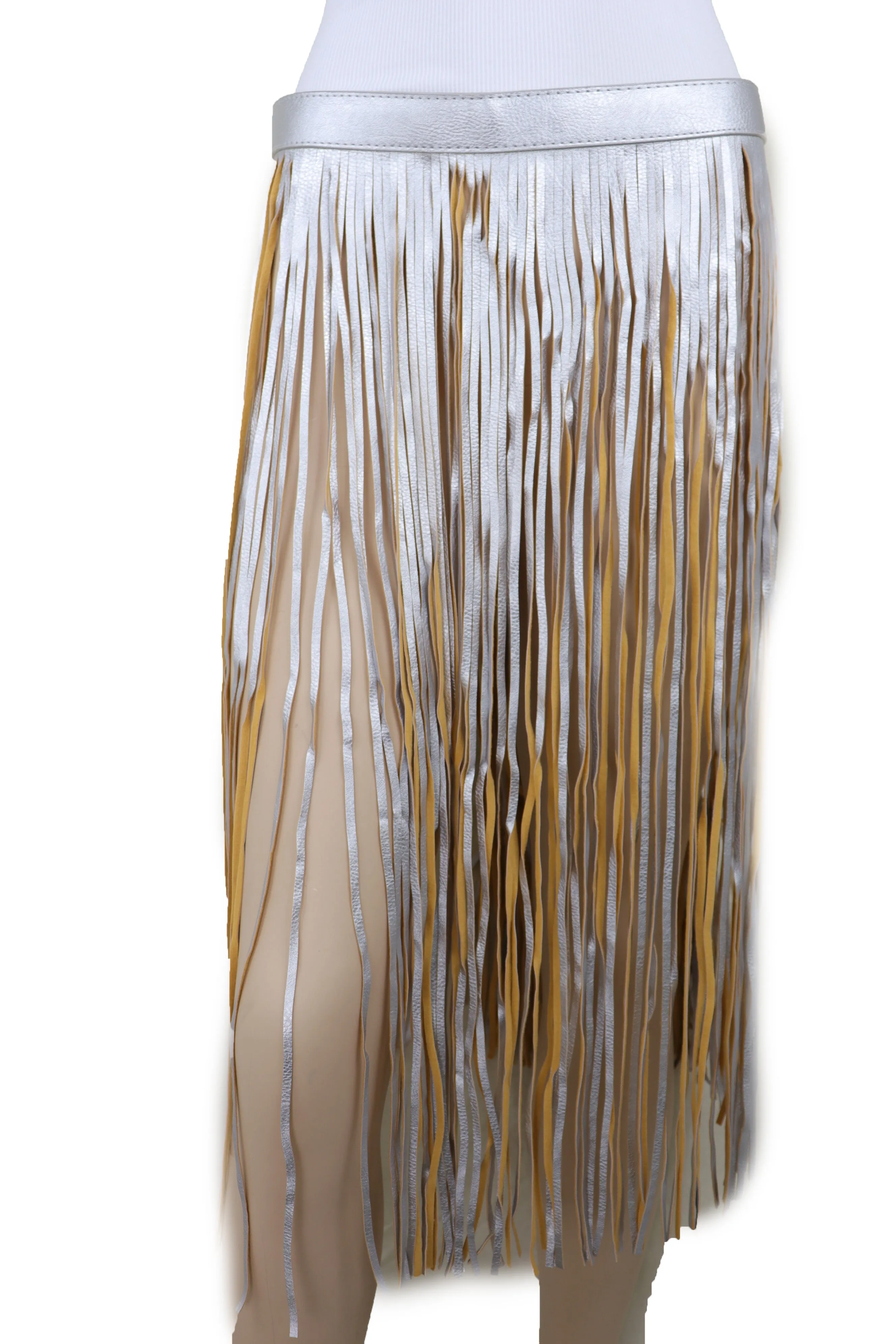 Women Silver Beige Long Skirt Faux Leather Wrap Around Fashion Belt Fit Size S M