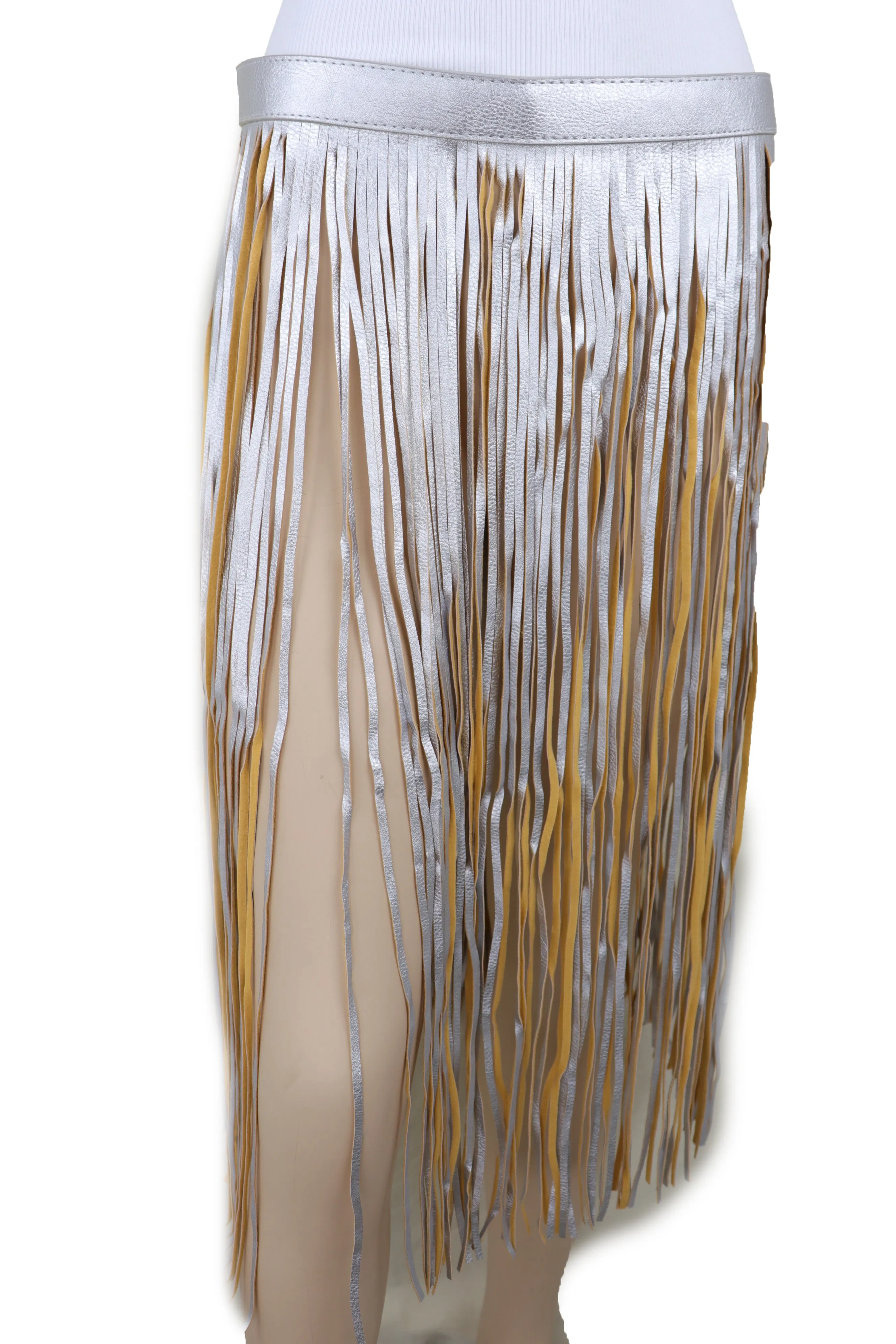 Women Silver Beige Long Skirt Faux Leather Wrap Around Fashion Belt Fit Size S M