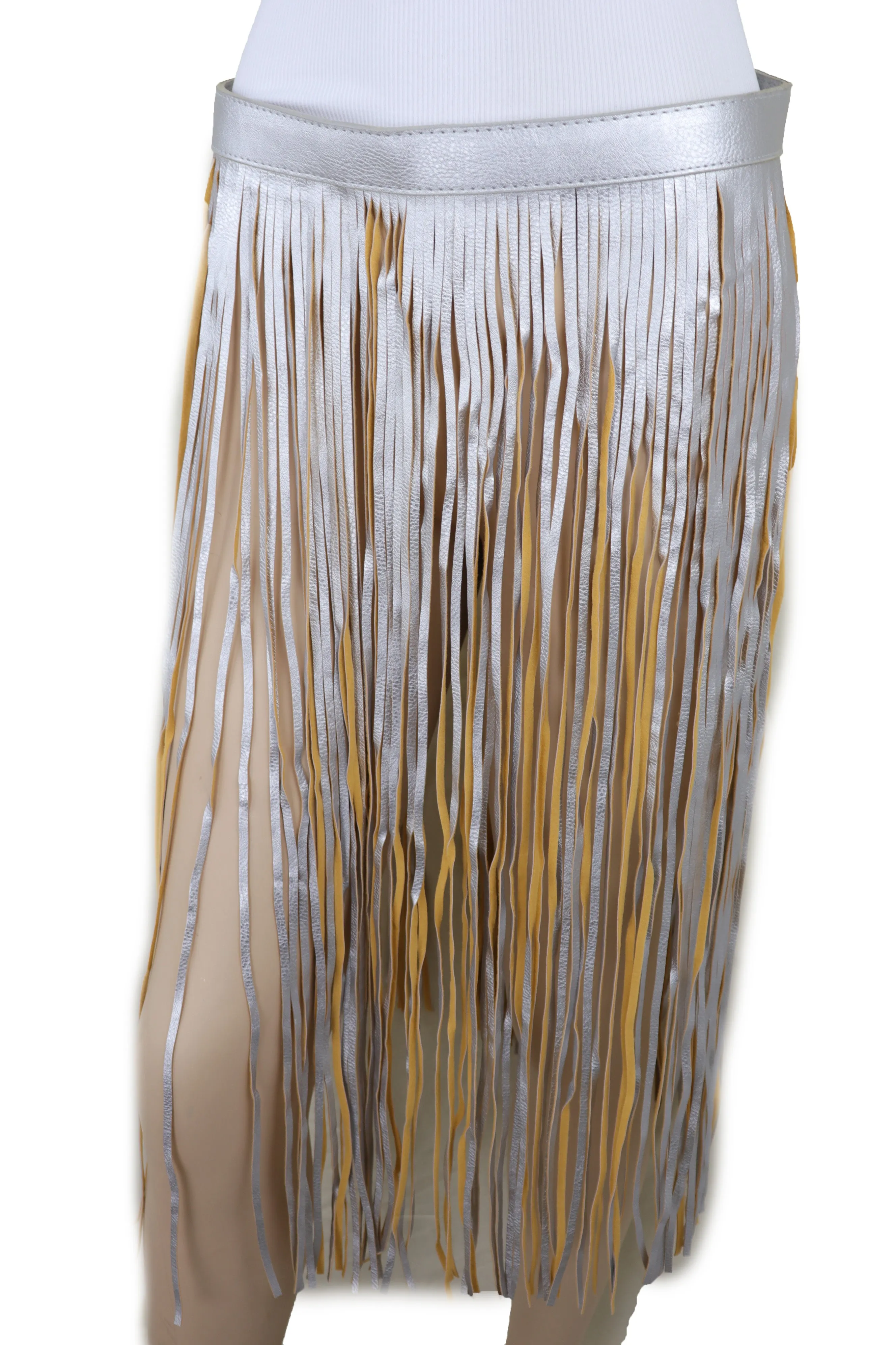 Women Silver Beige Long Skirt Faux Leather Wrap Around Fashion Belt Fit Size S M
