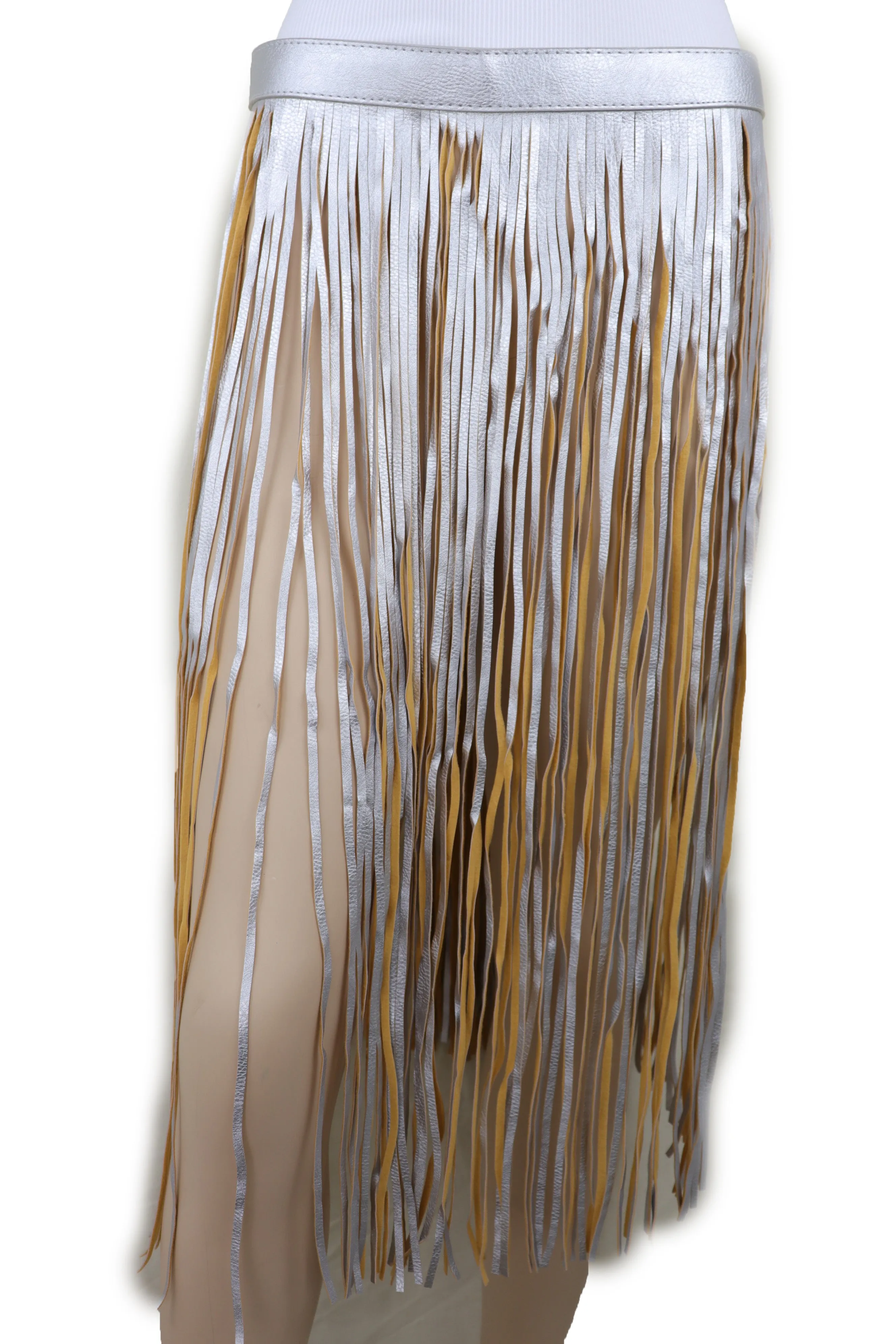 Women Silver Beige Long Skirt Faux Leather Wrap Around Fashion Belt Fit Size S M