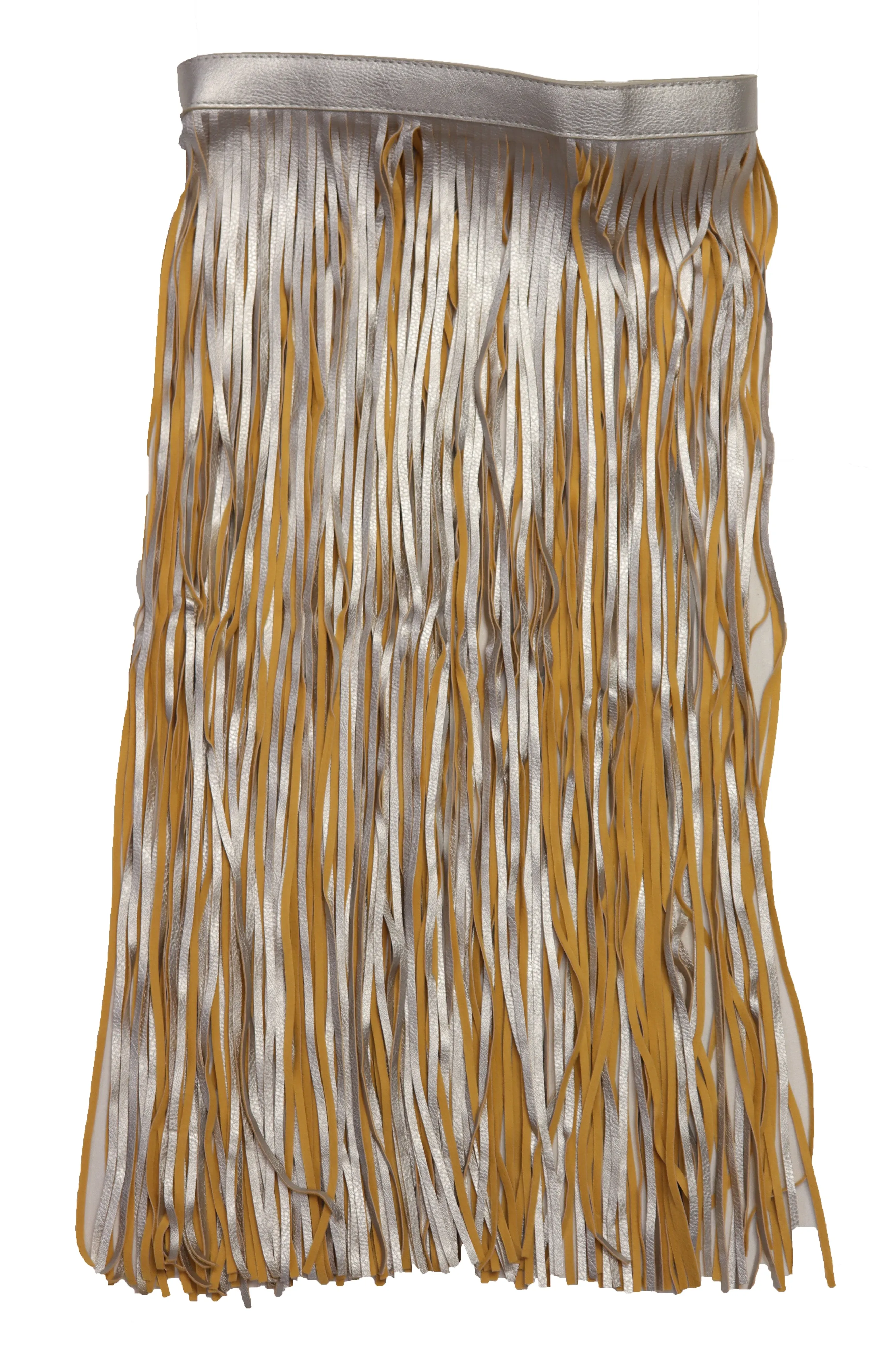 Women Silver Beige Long Skirt Faux Leather Wrap Around Fashion Belt Fit Size S M