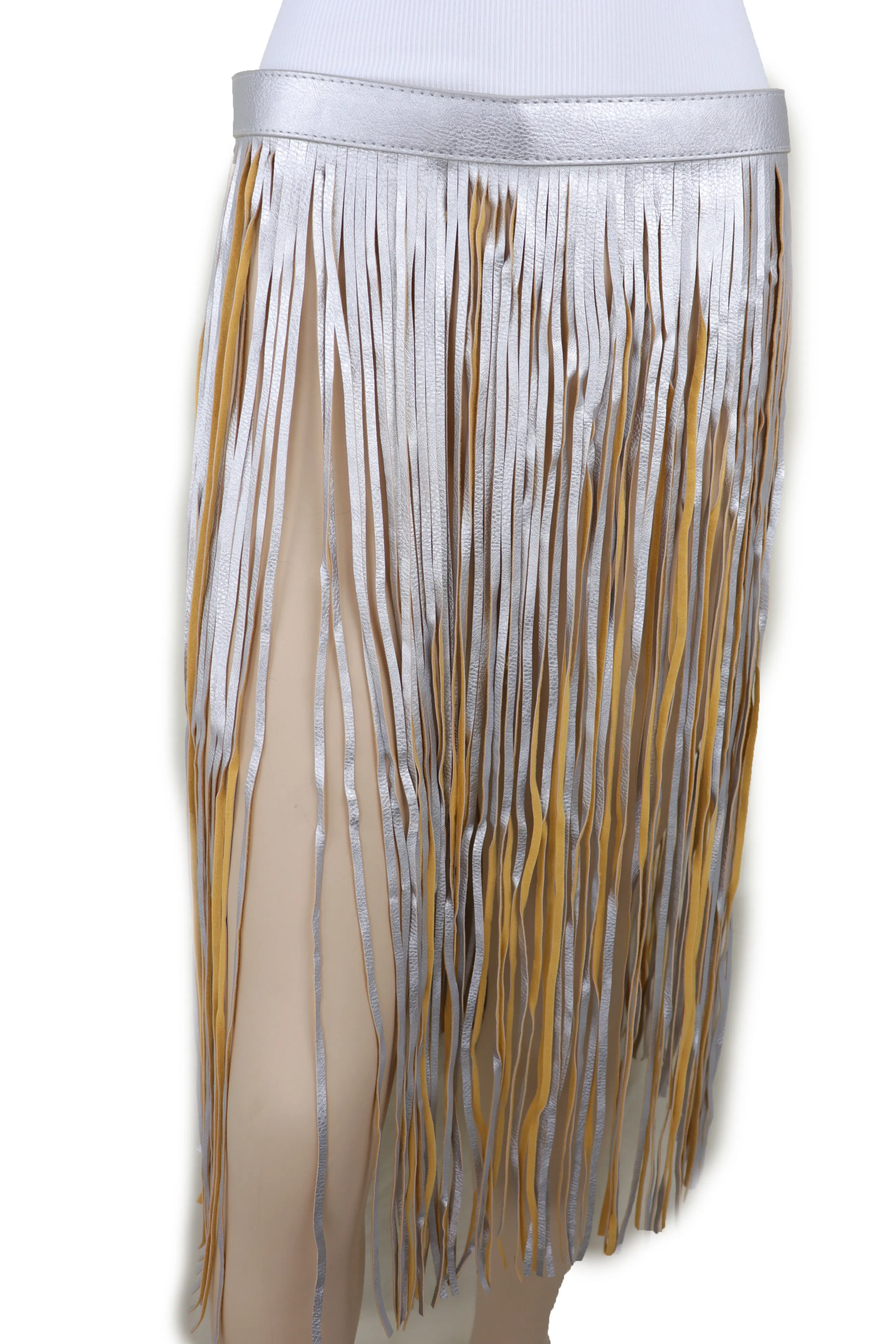 Women Silver Beige Long Skirt Faux Leather Wrap Around Fashion Belt Fit Size S M