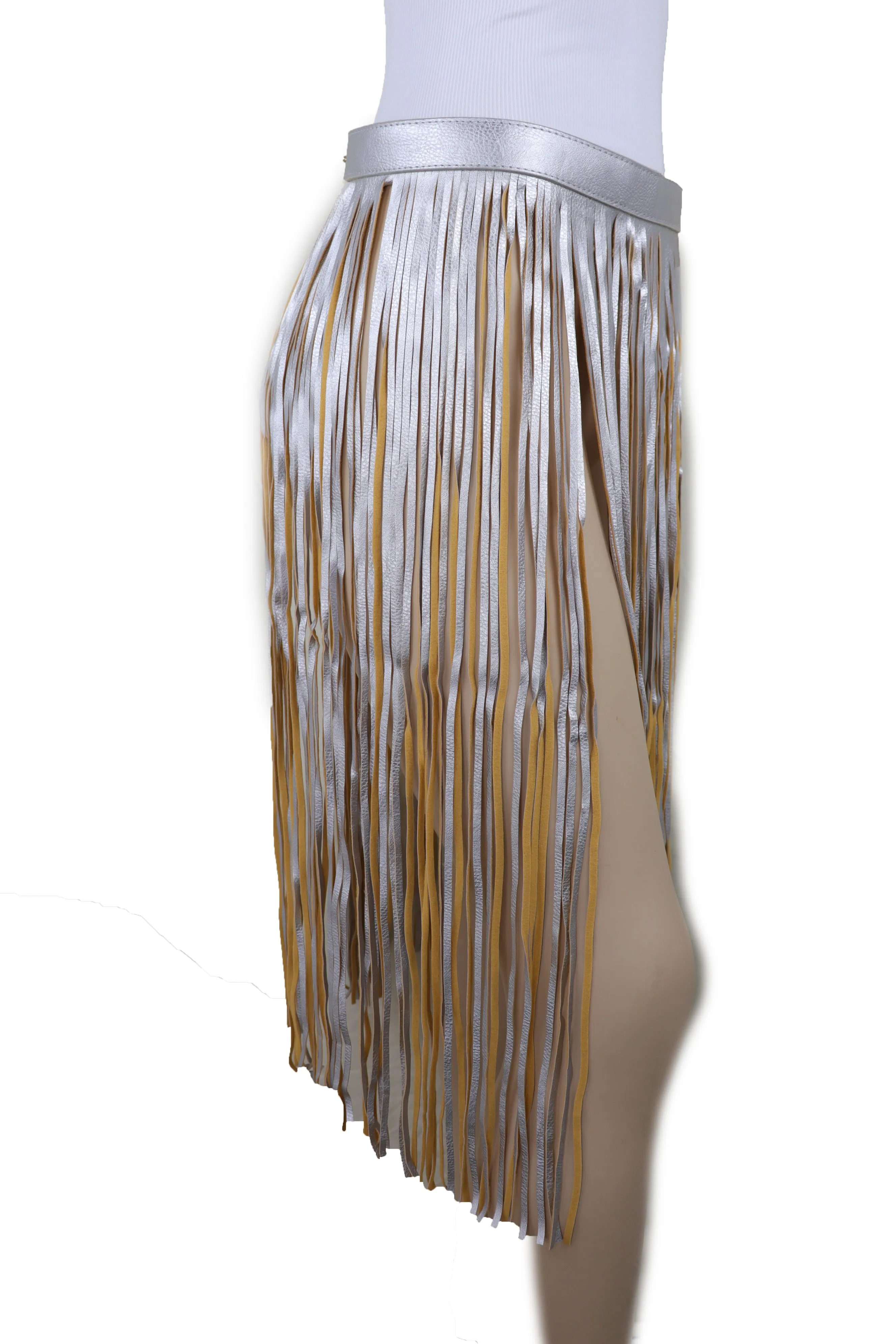 Women Silver Beige Long Skirt Faux Leather Wrap Around Fashion Belt Fit Size S M
