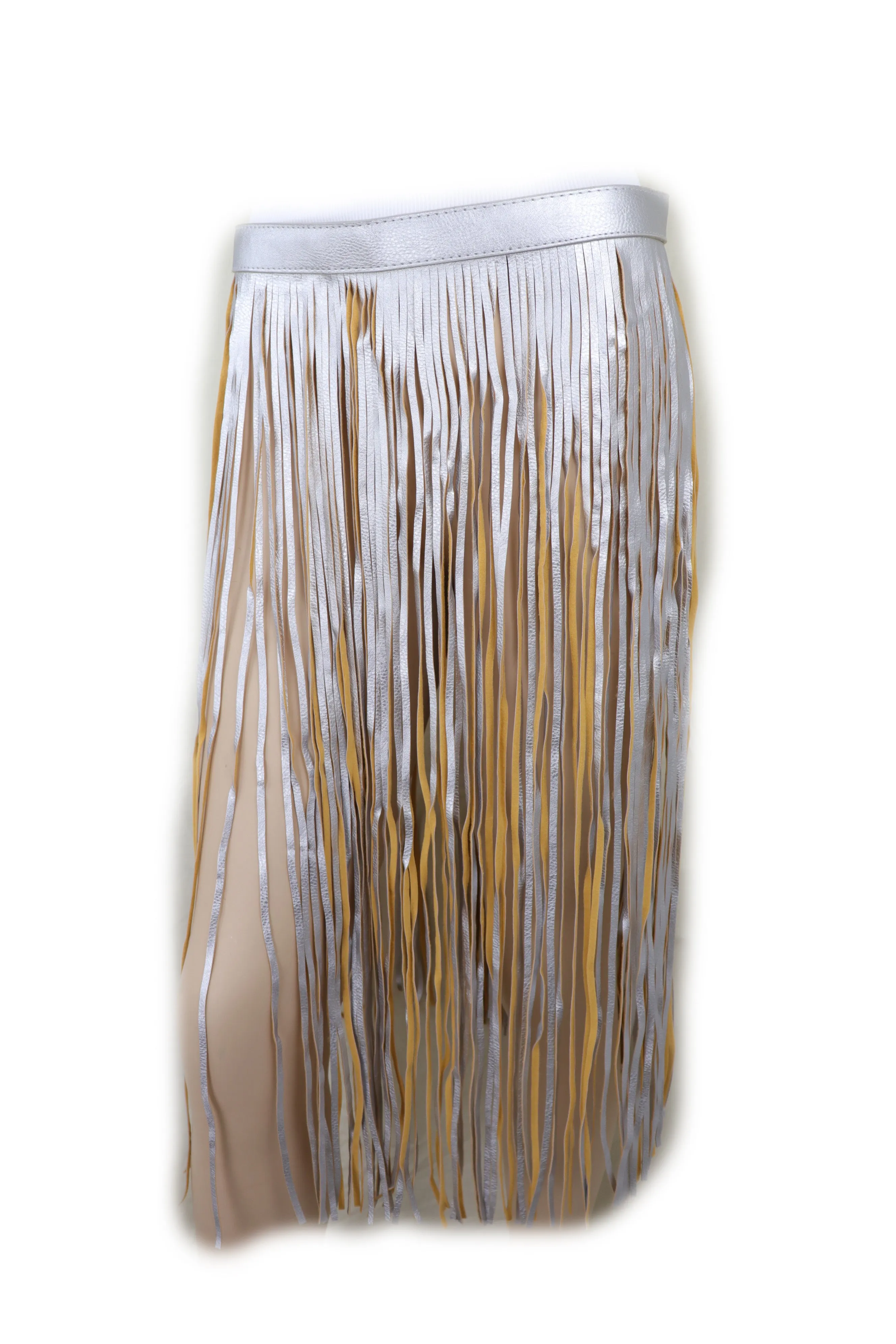 Women Silver Beige Long Skirt Faux Leather Wrap Around Fashion Belt Fit Size S M