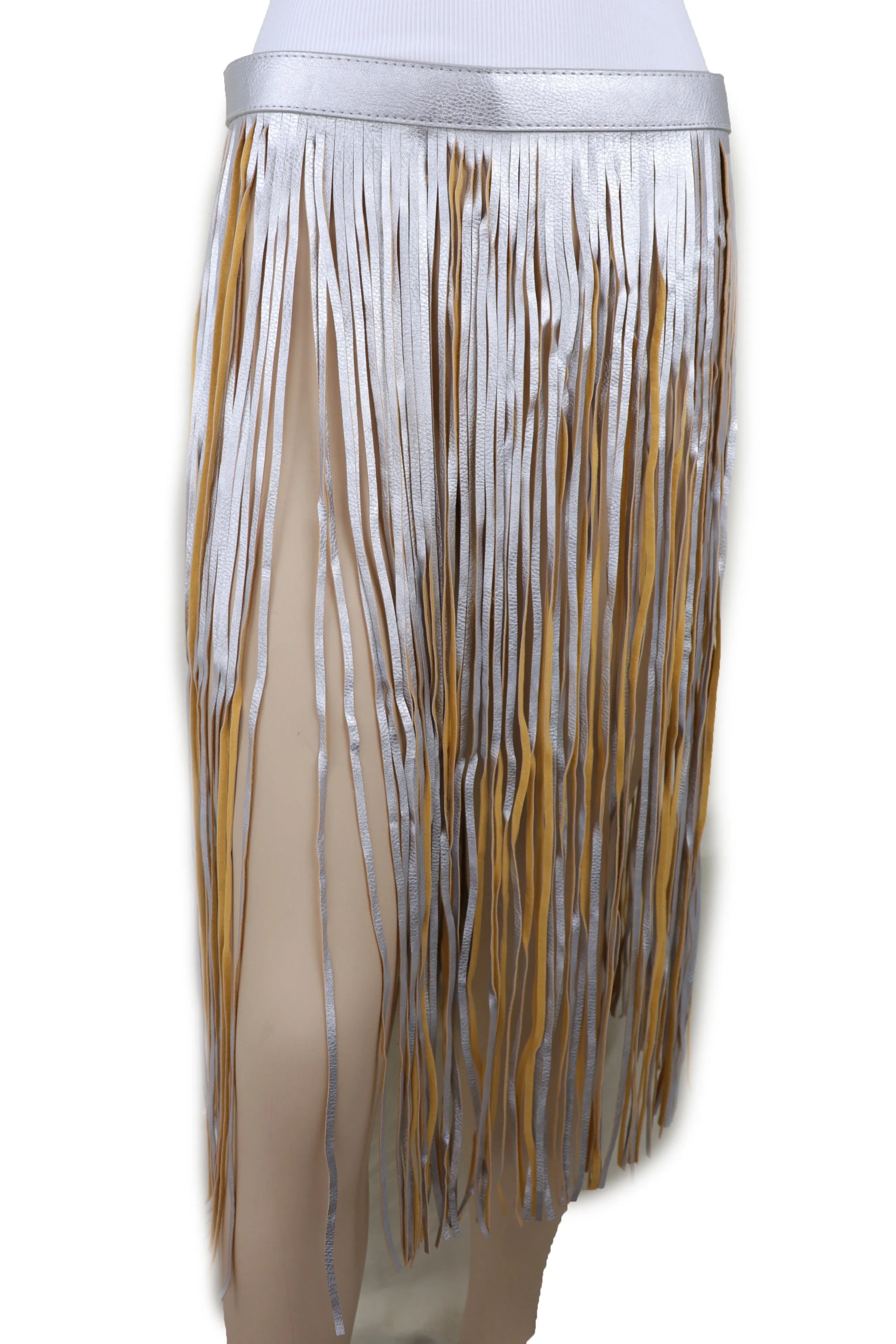 Women Silver Beige Long Skirt Faux Leather Wrap Around Fashion Belt Fit Size S M