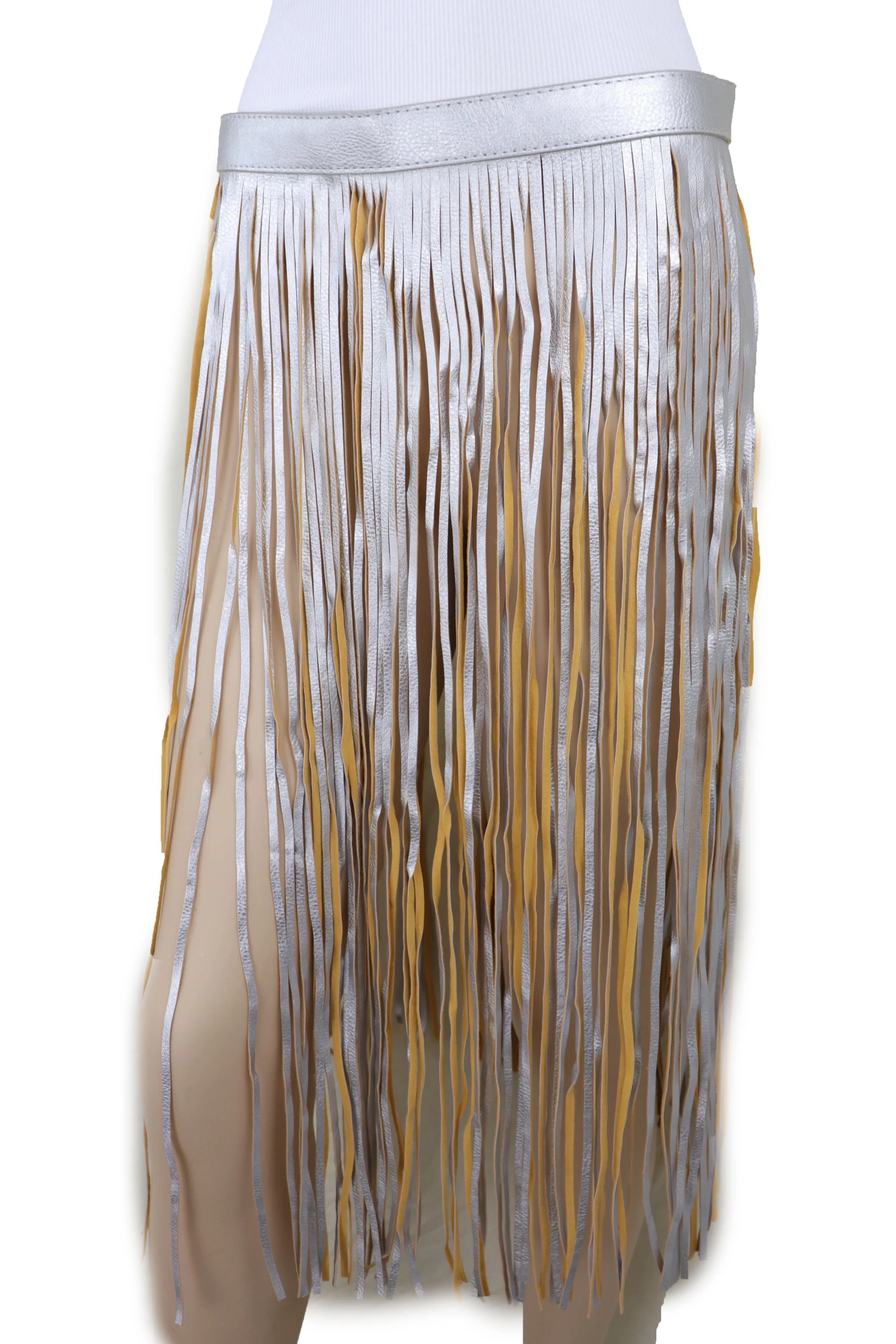 Women Silver Beige Long Skirt Faux Leather Wrap Around Fashion Belt Fit Size S M