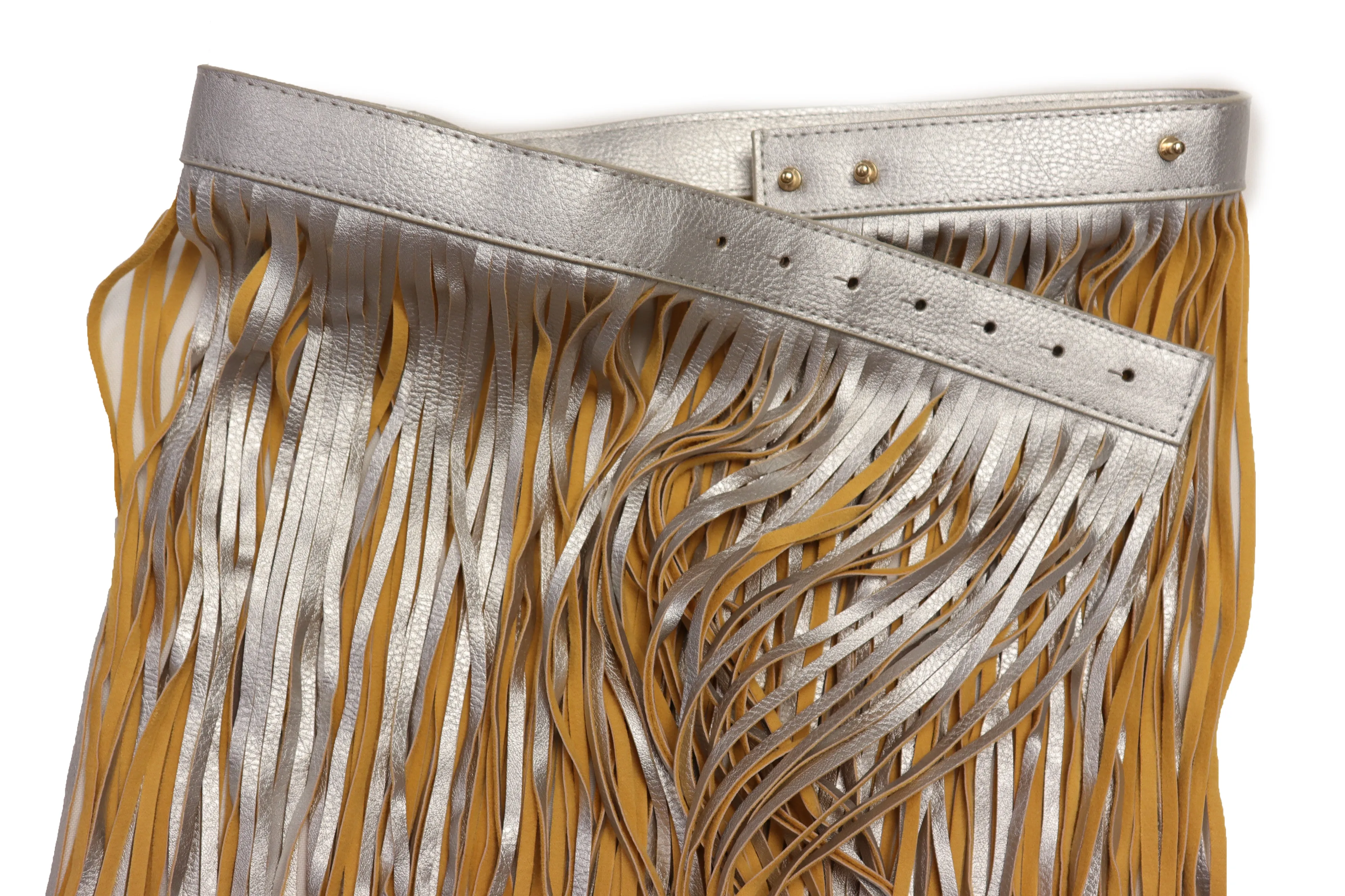 Women Silver Beige Long Skirt Faux Leather Wrap Around Fashion Belt Fit Size S M