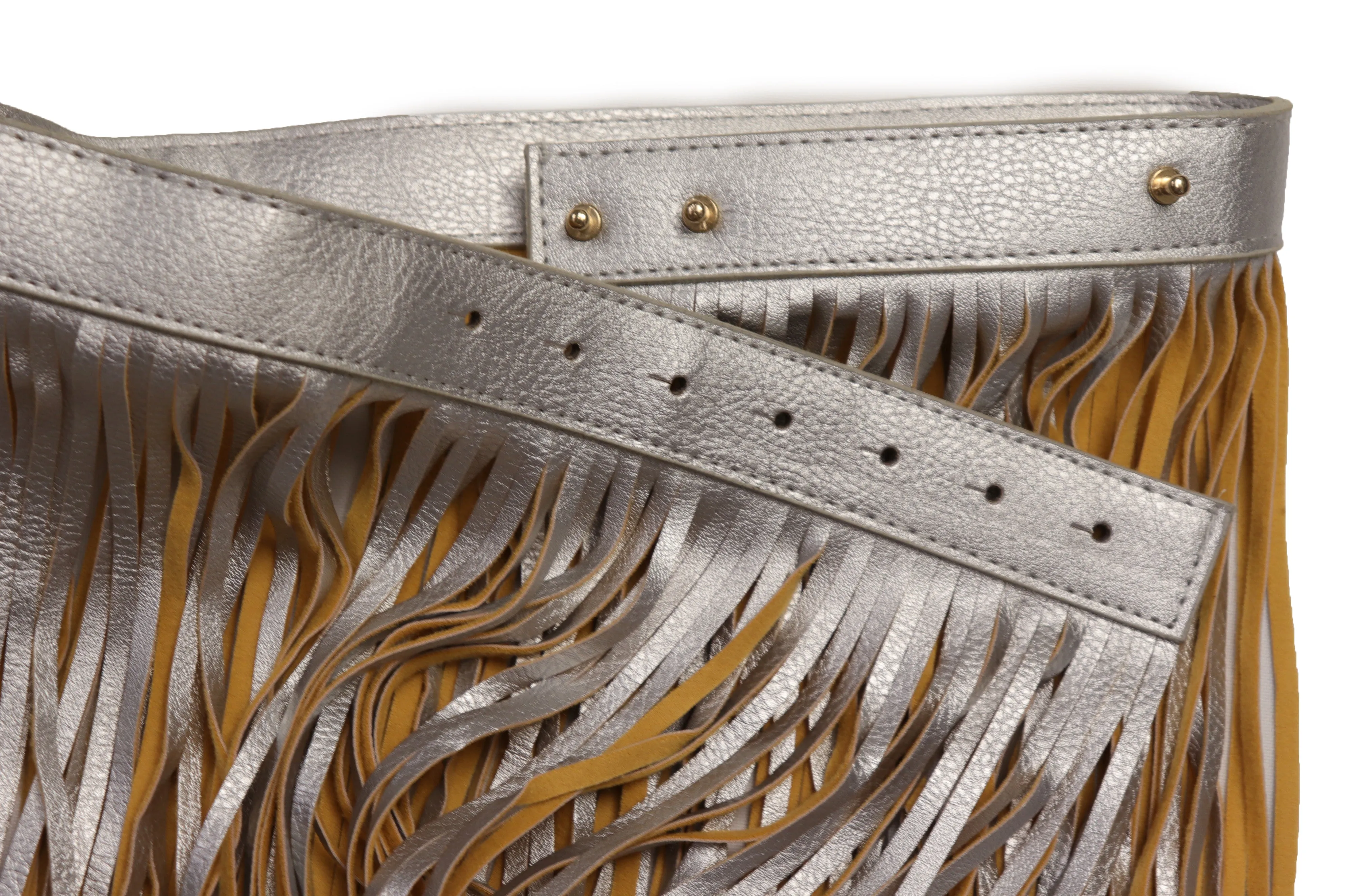 Women Silver Beige Long Skirt Faux Leather Wrap Around Fashion Belt Fit Size S M