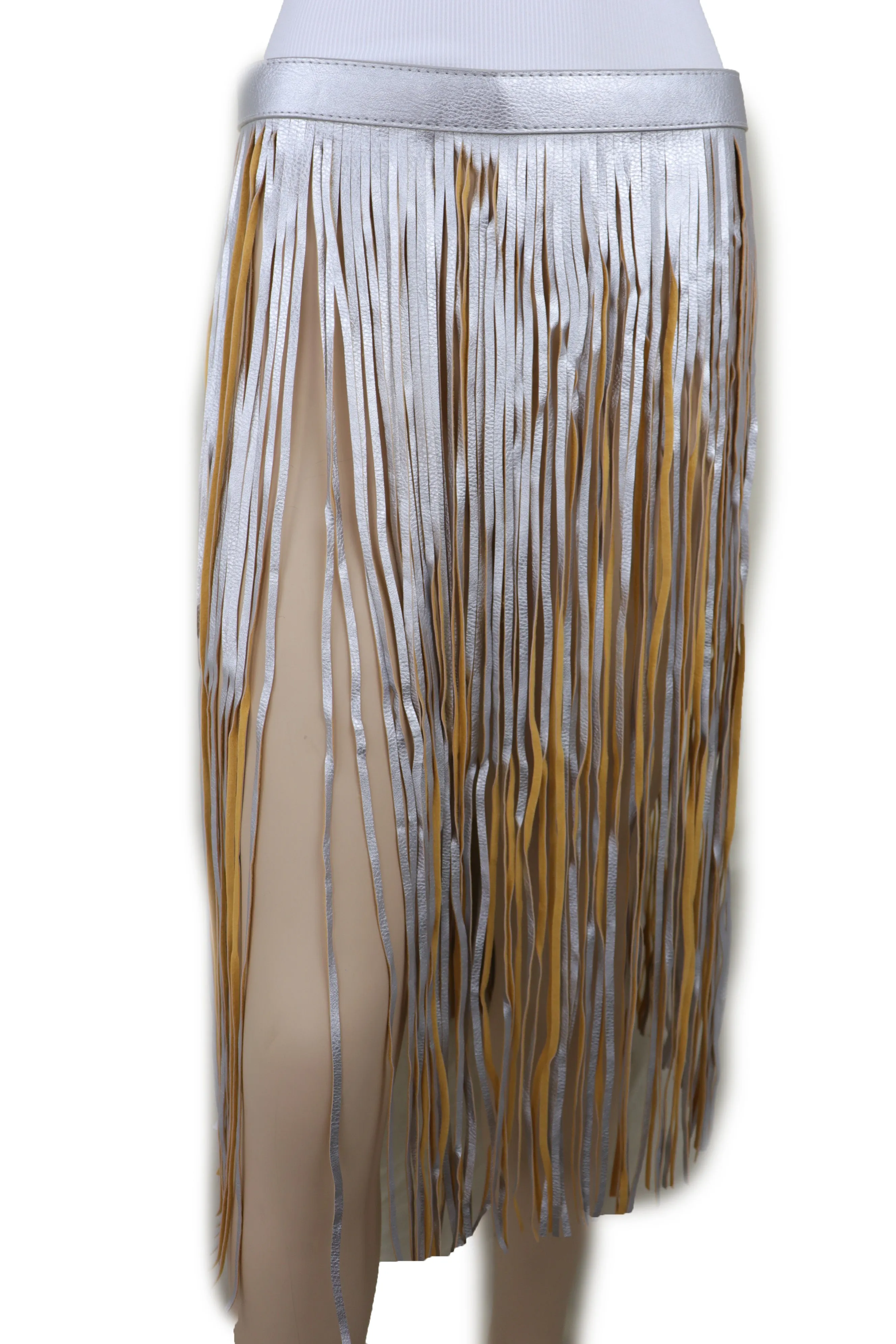 Women Silver Beige Long Skirt Faux Leather Wrap Around Fashion Belt Fit Size S M