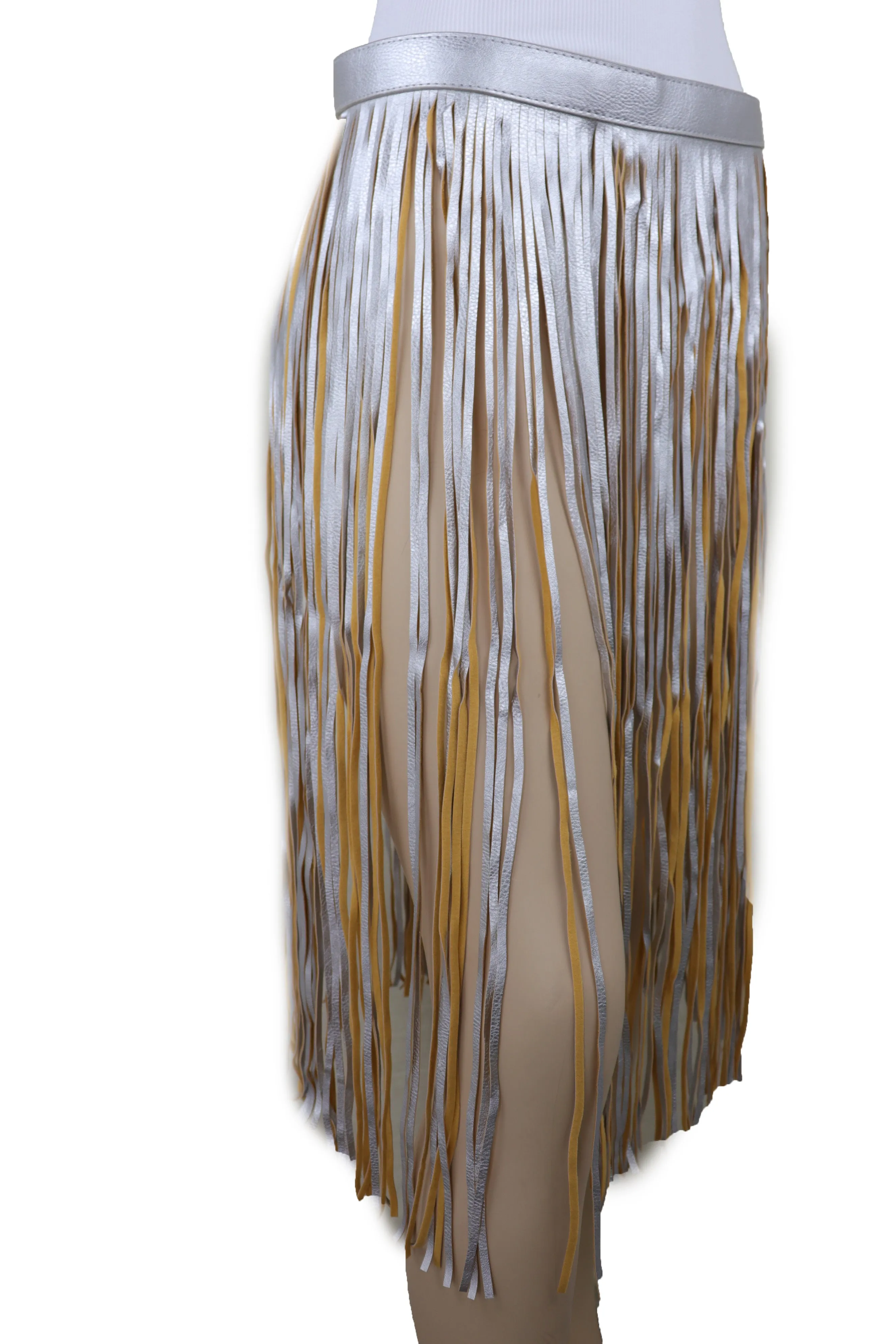 Women Silver Beige Long Skirt Faux Leather Wrap Around Fashion Belt Fit Size S M