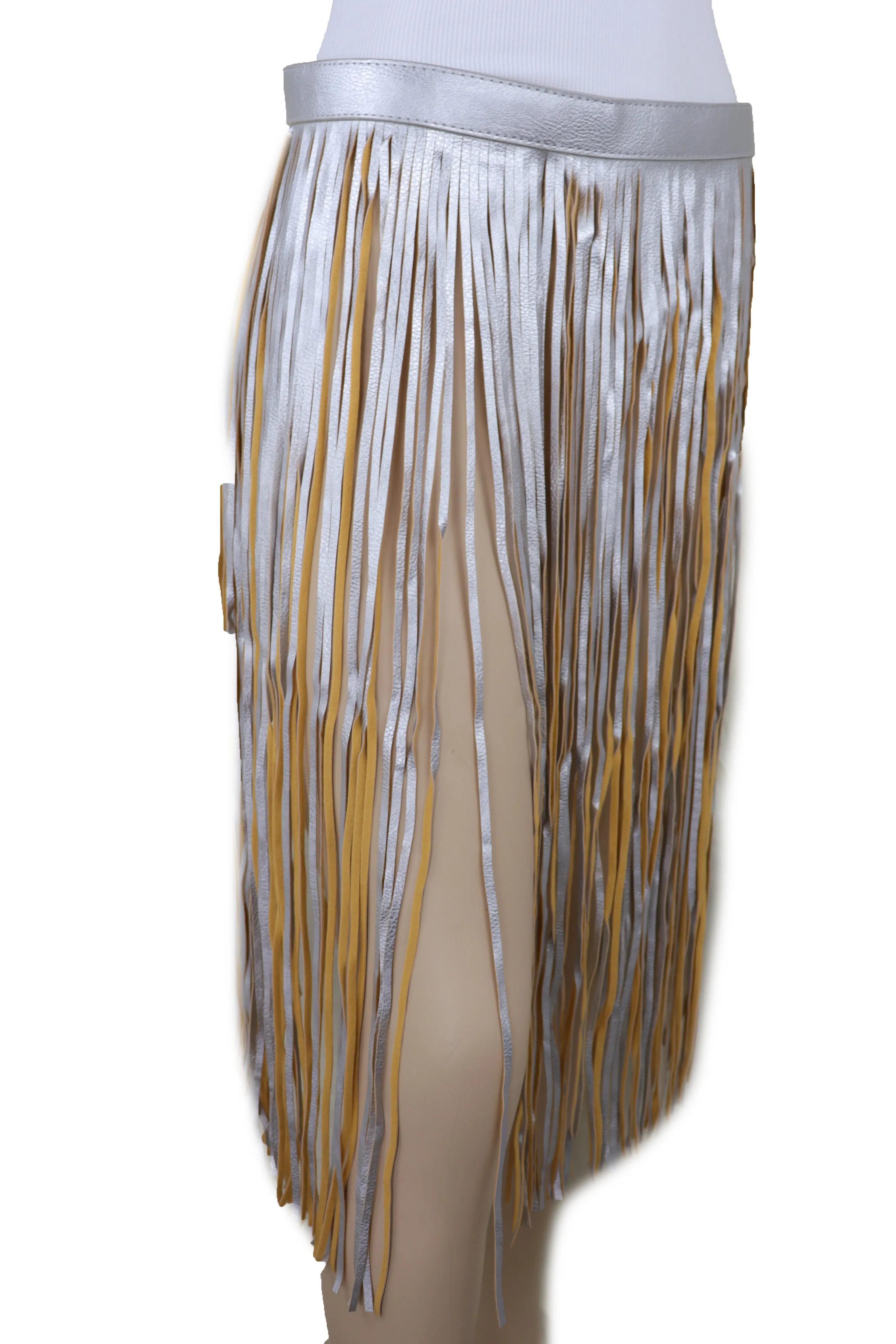 Women Silver Beige Long Skirt Faux Leather Wrap Around Fashion Belt Fit Size S M
