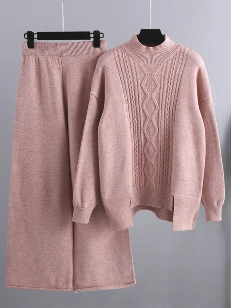 Women's 2 Piece Sets Loose Knitted Suit High Collar Sweater   Wide Leg Pants Knit