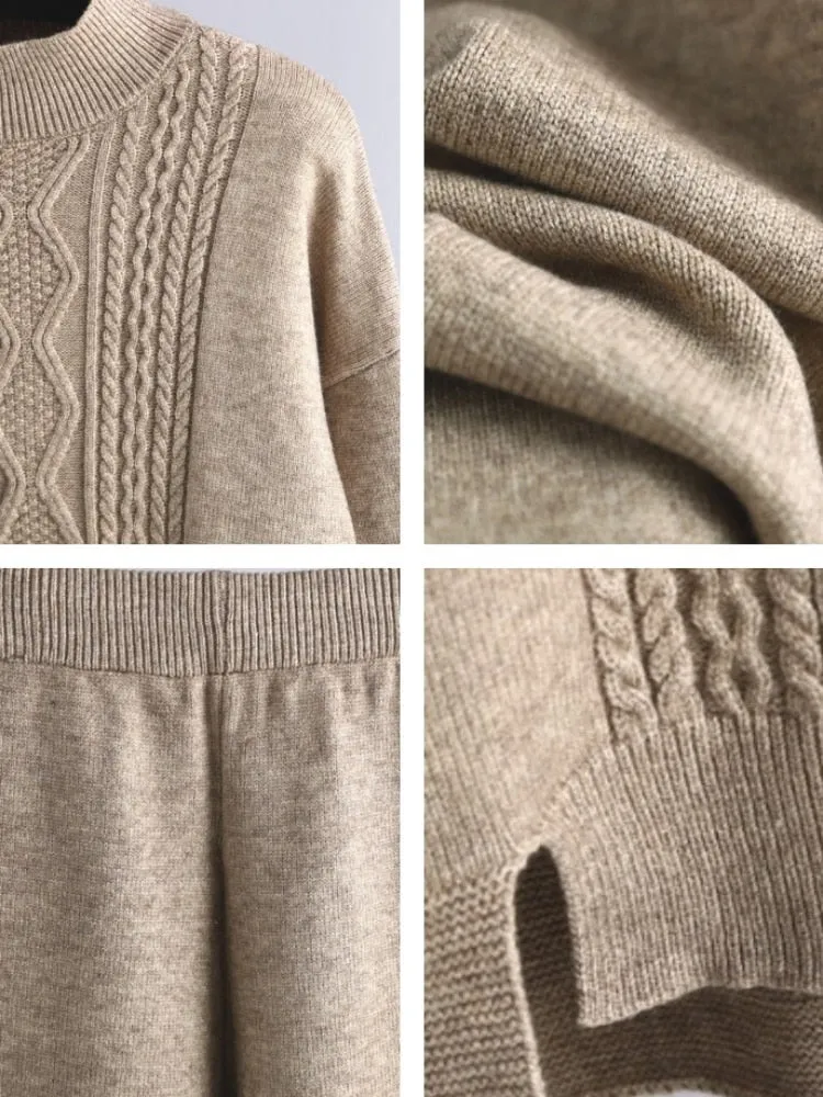 Women's 2 Piece Sets Loose Knitted Suit High Collar Sweater   Wide Leg Pants Knit