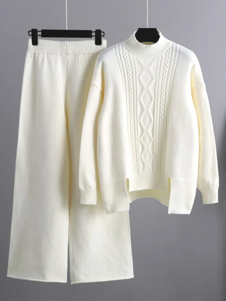 Women's 2 Piece Sets Loose Knitted Suit High Collar Sweater   Wide Leg Pants Knit