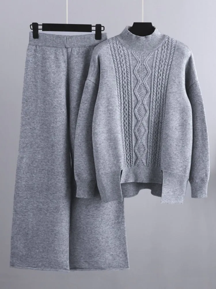 Women's 2 Piece Sets Loose Knitted Suit High Collar Sweater   Wide Leg Pants Knit