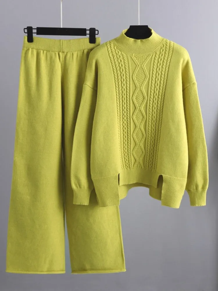 Women's 2 Piece Sets Loose Knitted Suit High Collar Sweater   Wide Leg Pants Knit