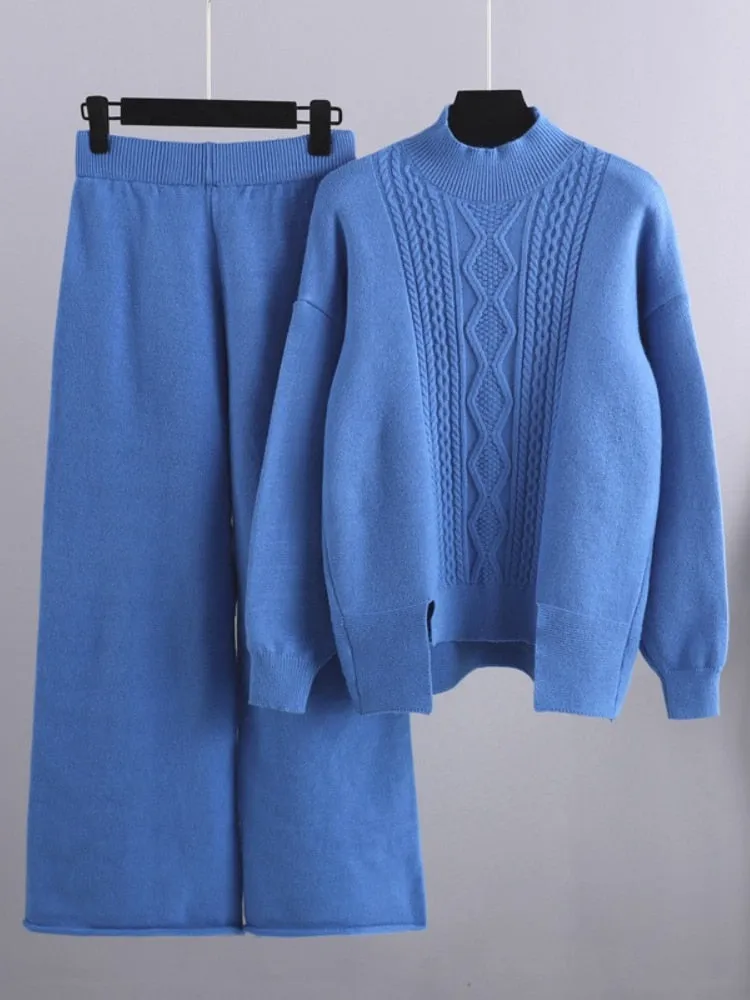 Women's 2 Piece Sets Loose Knitted Suit High Collar Sweater   Wide Leg Pants Knit