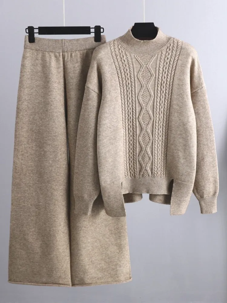 Women's 2 Piece Sets Loose Knitted Suit High Collar Sweater   Wide Leg Pants Knit