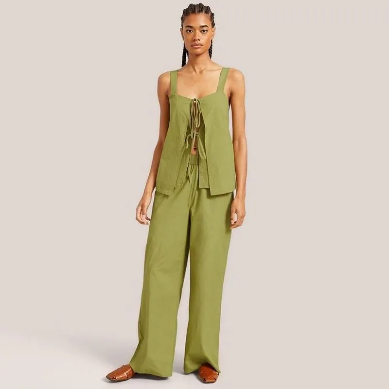 Women's Cotton Two-Piece Sleeveless Top and Long Pants Casual Suit