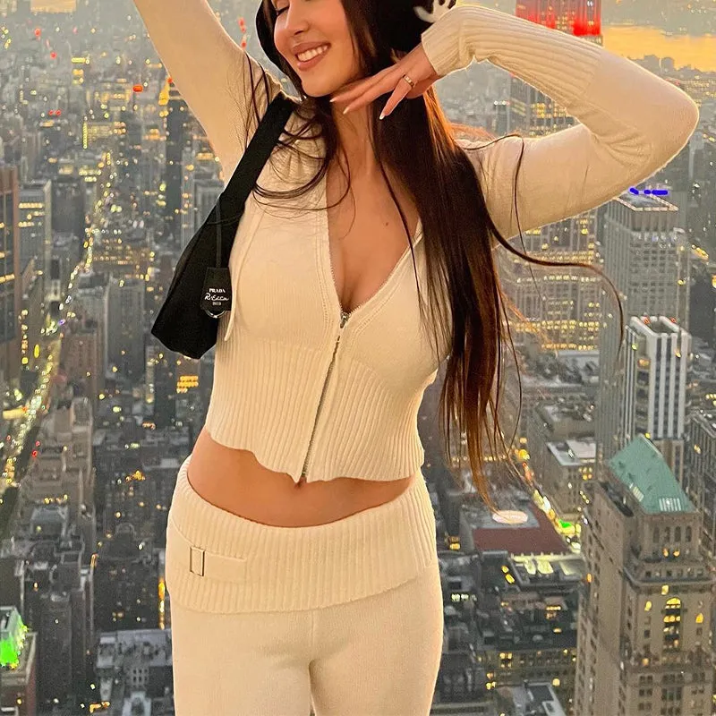 Women's Hoodie Suit: Stylish Zip Sweater & High Waist Pants Set