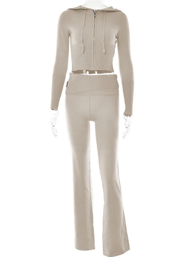 Women's Hoodie Suit: Stylish Zip Sweater & High Waist Pants Set
