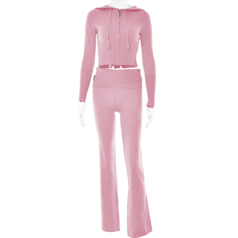 Women's Hoodie Suit: Stylish Zip Sweater & High Waist Pants Set