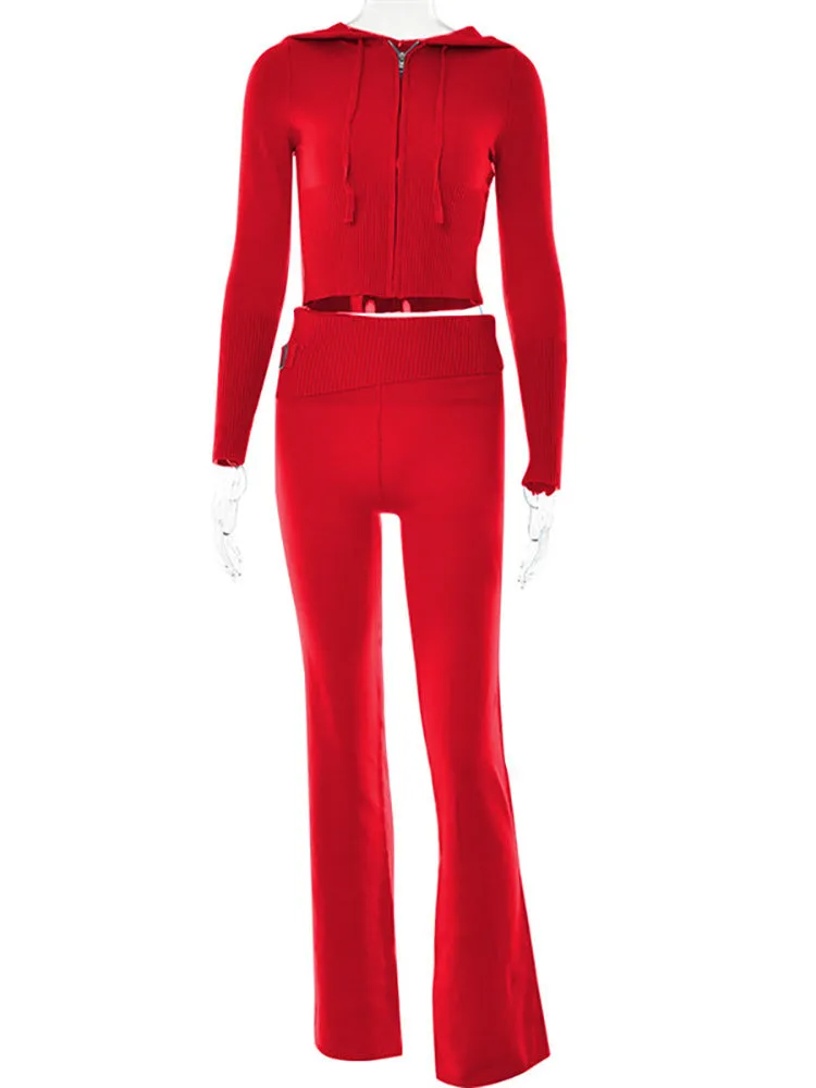 Women's Hoodie Suit: Stylish Zip Sweater & High Waist Pants Set