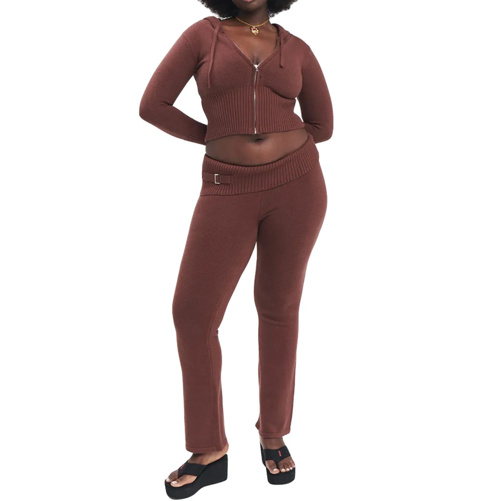 Women's Hoodie Suit: Stylish Zip Sweater & High Waist Pants Set