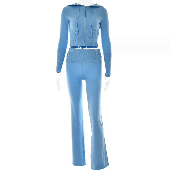 Women's Hoodie Suit: Stylish Zip Sweater & High Waist Pants Set