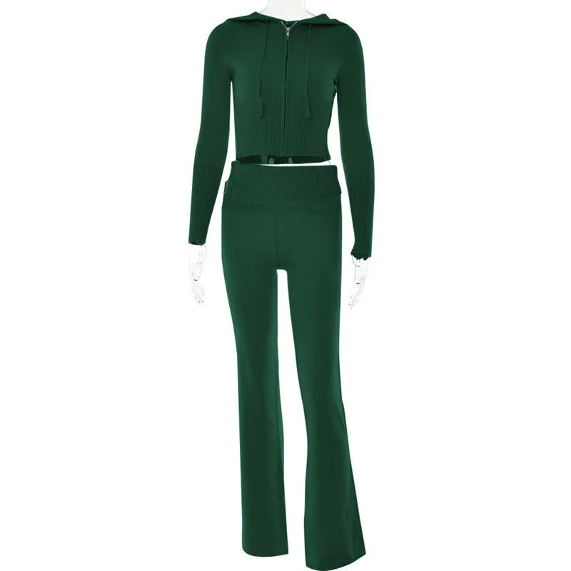 Women's Hoodie Suit: Stylish Zip Sweater & High Waist Pants Set