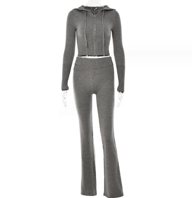 Women's Hoodie Suit: Stylish Zip Sweater & High Waist Pants Set