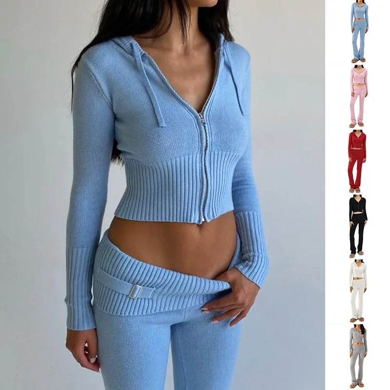 Women's Hoodie Suit: Stylish Zip Sweater & High Waist Pants Set