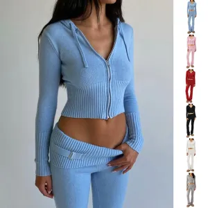 Women's Hoodie Suit: Stylish Zip Sweater & High Waist Pants Set