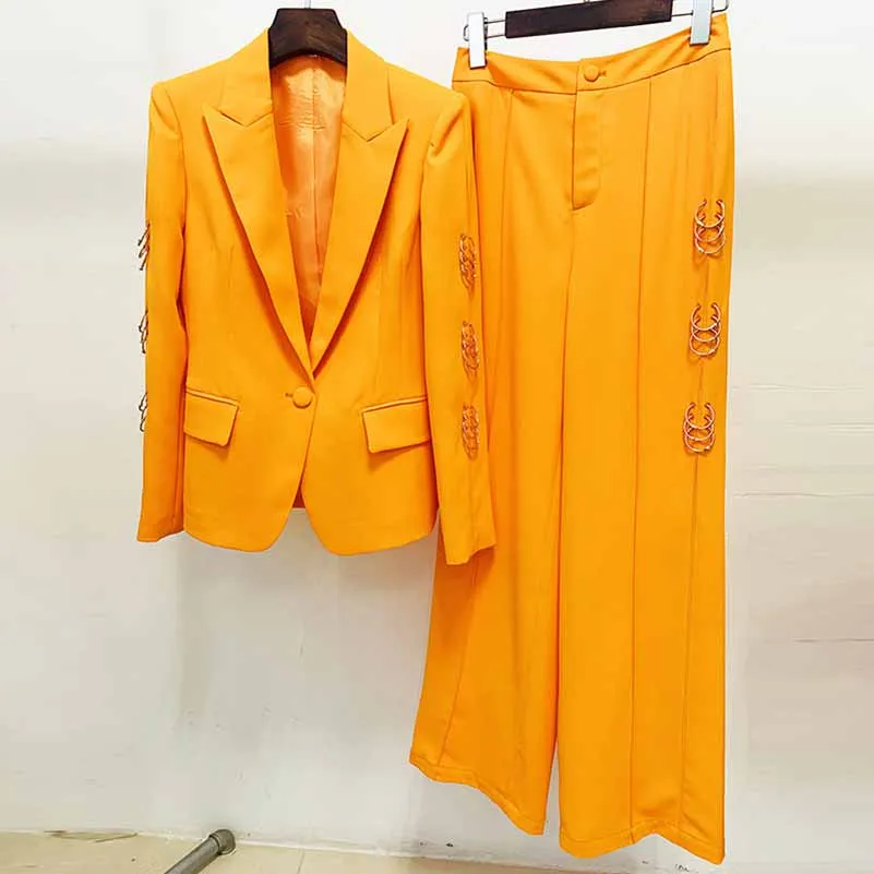 Women's Orange Pantsuit Single Button Flared Pants Suit Jacket   Trousers