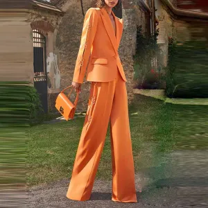 Women's Orange Pantsuit Single Button Flared Pants Suit Jacket   Trousers