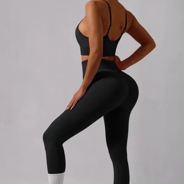 Women's Spaghetti Strap Sports Bra & Leggings Set – Trendy Solid Colors