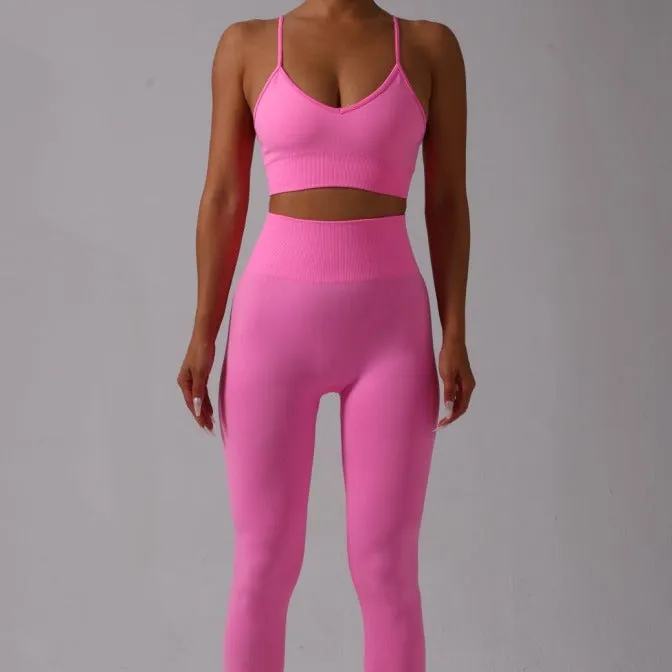 Women's Spaghetti Strap Sports Bra & Leggings Set – Trendy Solid Colors